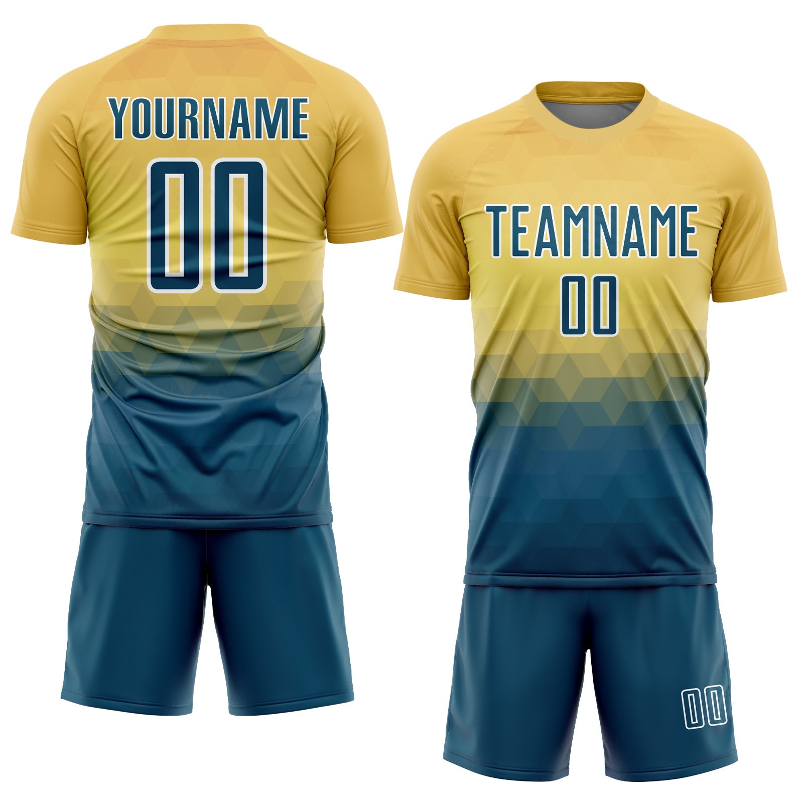 Custom Yellow US Navy Blue-White Geometric Triangle Sublimation Soccer Uniform Jersey view 2