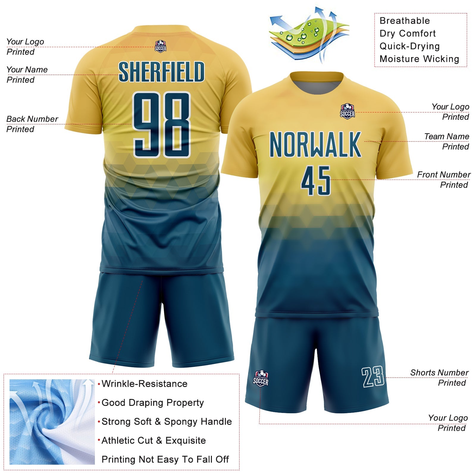 Custom Yellow US Navy Blue-White Geometric Triangle Sublimation Soccer Uniform Jersey view 4
