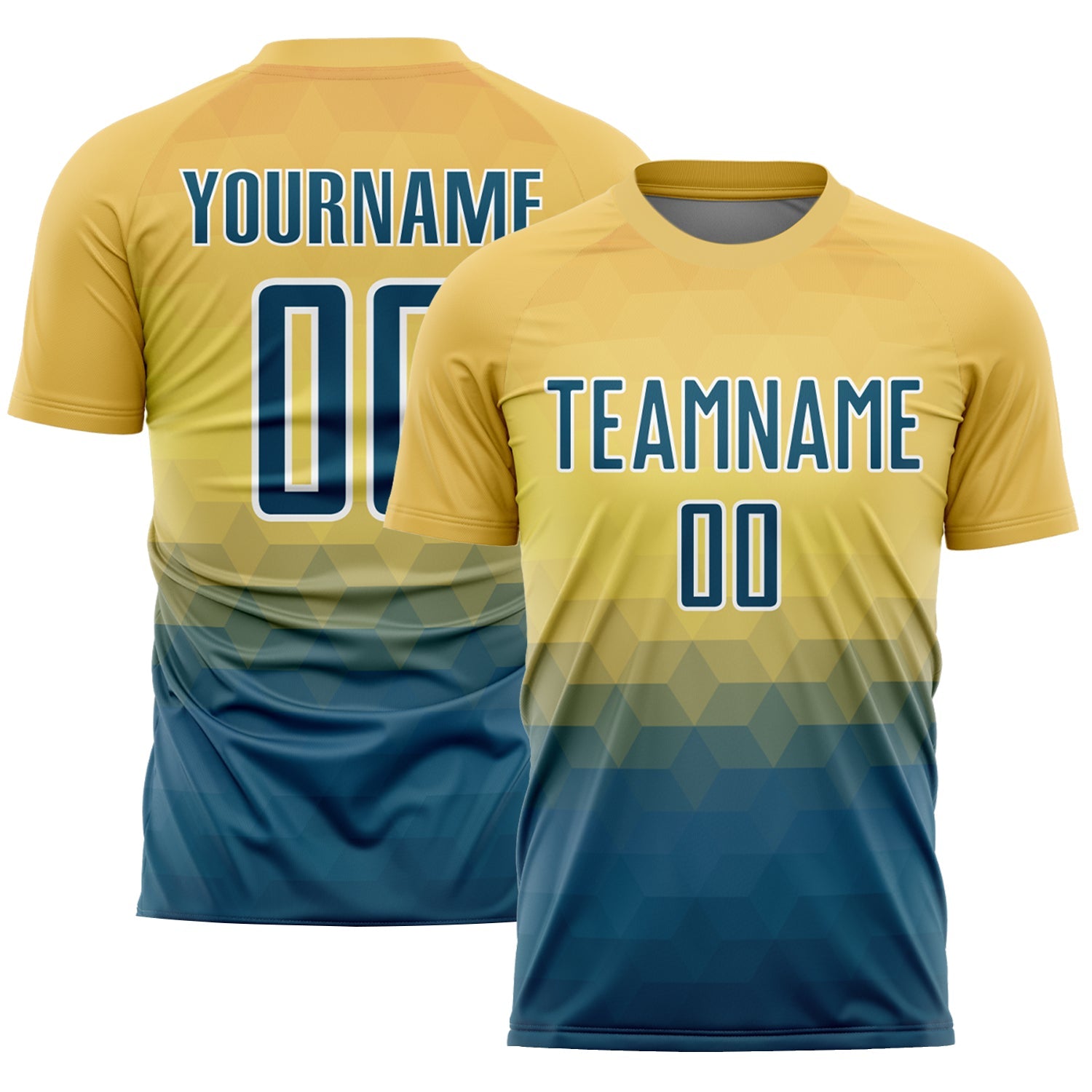 Custom Yellow US Navy Blue-White Geometric Triangle Sublimation Soccer Uniform Jersey - Main View
