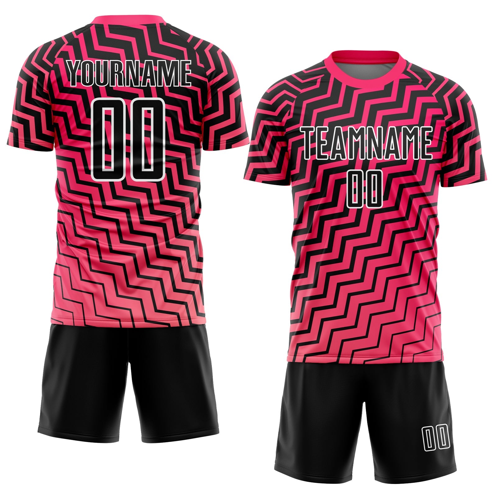 Custom Pink Black-White Geometric Lines Sublimation Soccer Uniform Jersey view 2