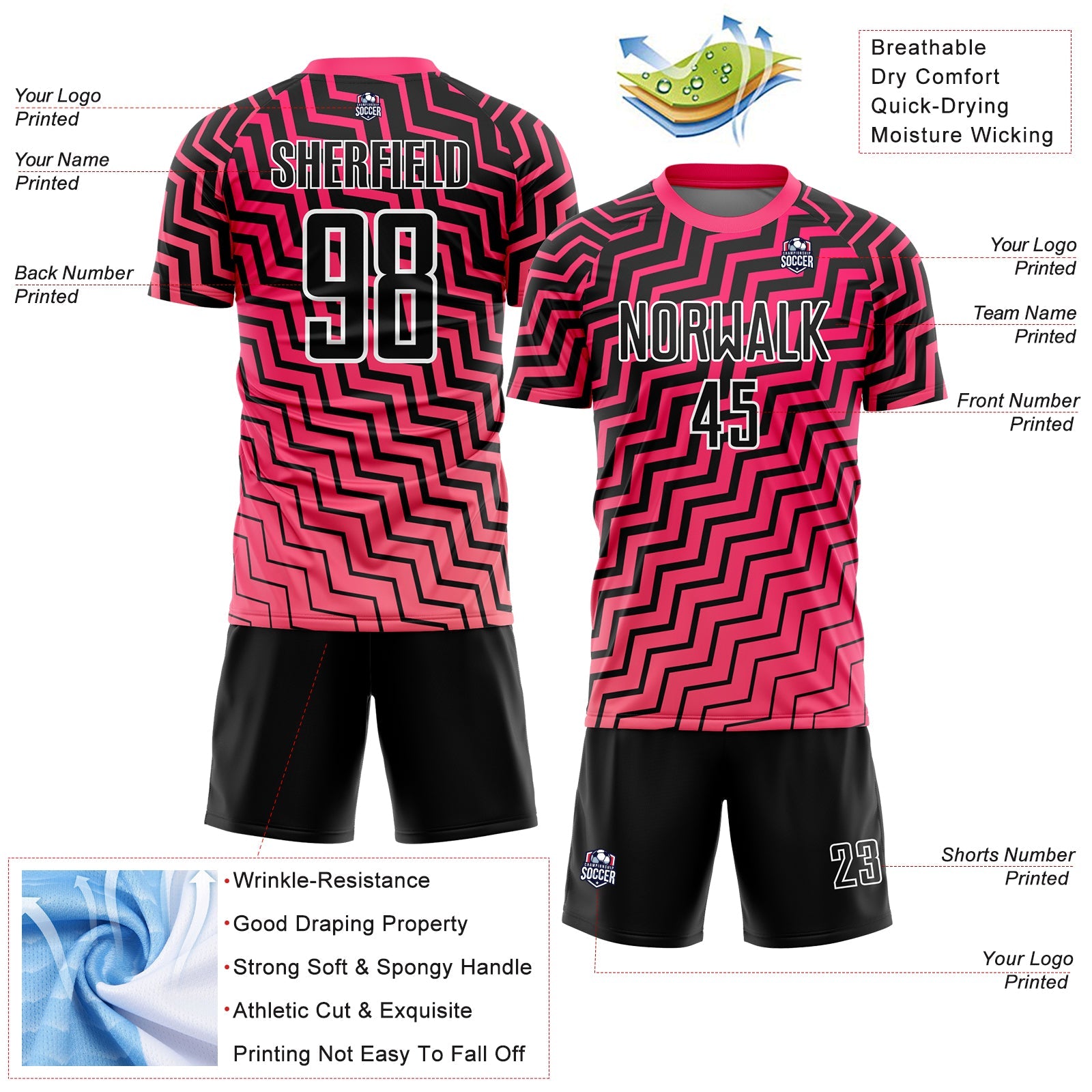 Custom Pink Black-White Geometric Lines Sublimation Soccer Uniform Jersey view 4