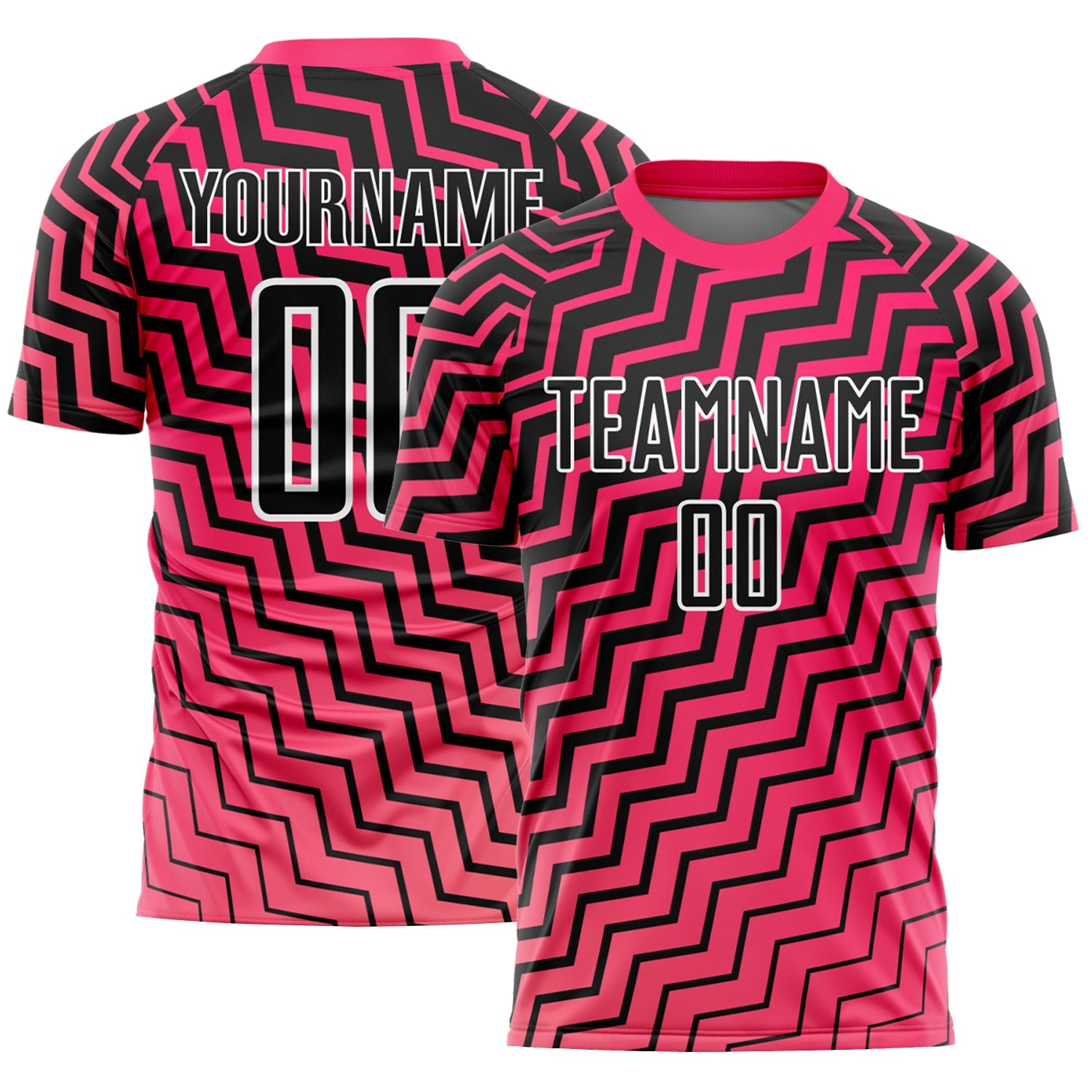 Custom Pink Black-White Geometric Lines Sublimation Soccer Uniform Jersey - Main View