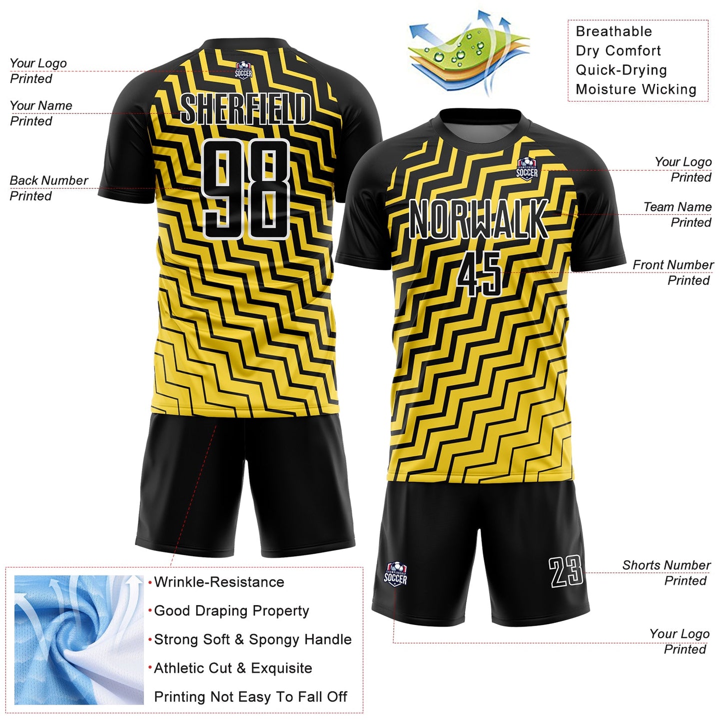 Custom Yellow Black-White Geometric Lines Sublimation Soccer Uniform Jersey view 4