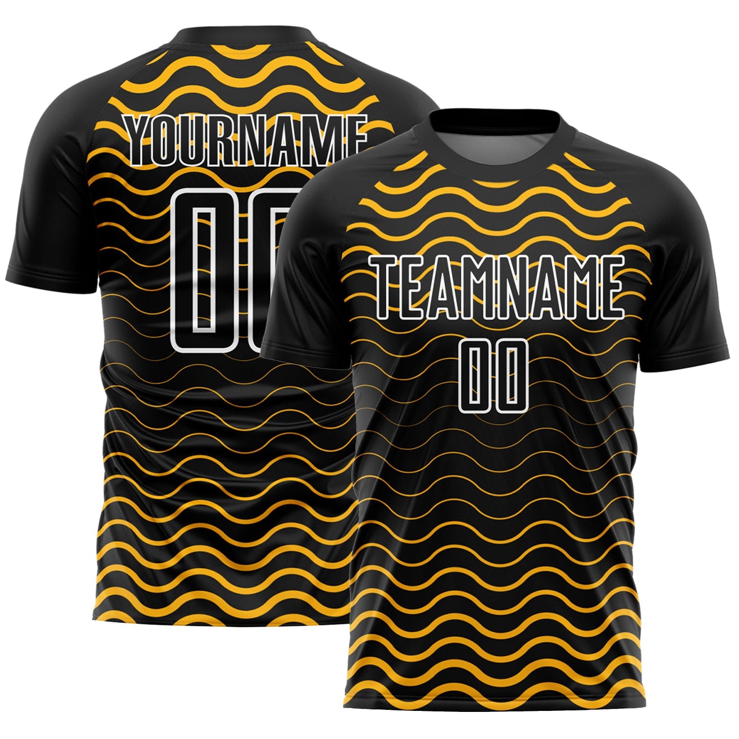 Custom Black Gold-White Geometric Lines Sublimation Soccer Uniform Jersey - Main View