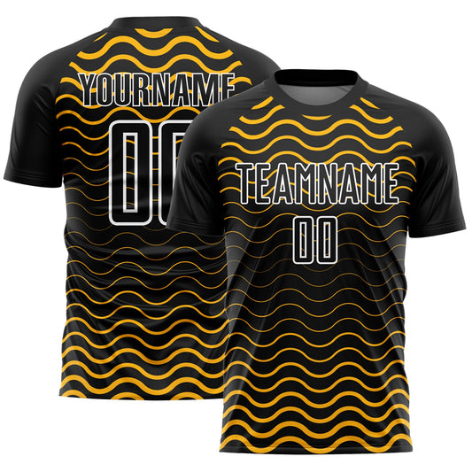 Custom Black Gold-White Geometric Lines Sublimation Soccer Uniform Jersey - Main View