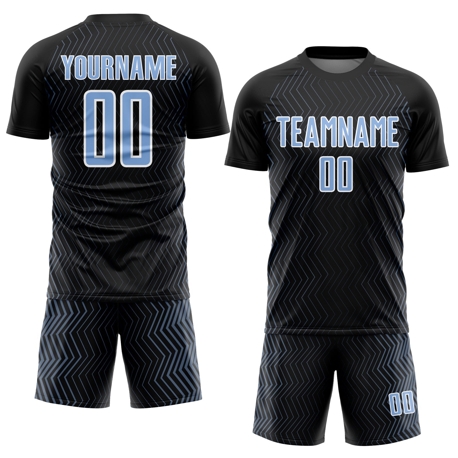 Custom Black Light Blue-White Geometric Lines Sublimation Soccer Uniform Jersey view 2