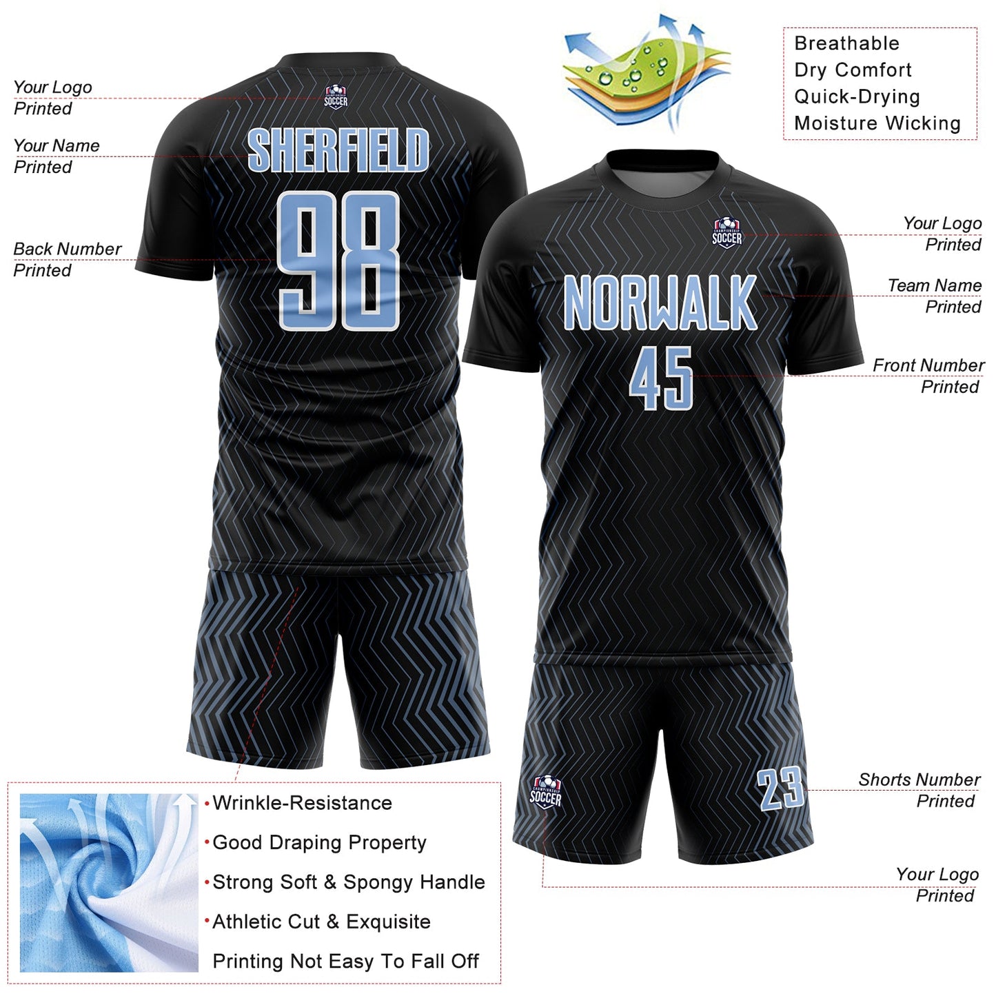 Custom Black Light Blue-White Geometric Lines Sublimation Soccer Uniform Jersey view 4