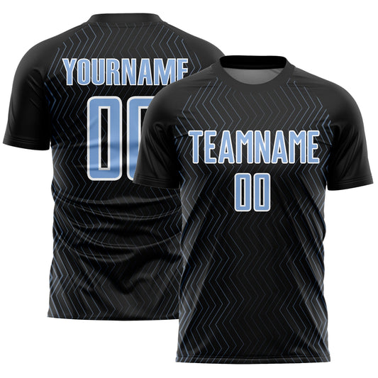 Custom Black Light Blue-White Geometric Lines Sublimation Soccer Uniform Jersey - Main View
