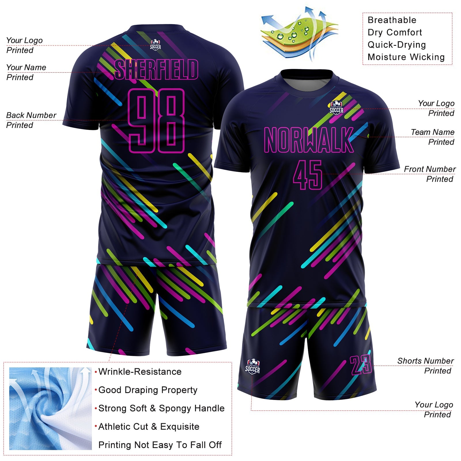 Custom Navy Pink Lines Sublimation Soccer Uniform Jersey view 4