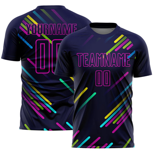 Custom Navy Pink Lines Sublimation Soccer Uniform Jersey - Main View