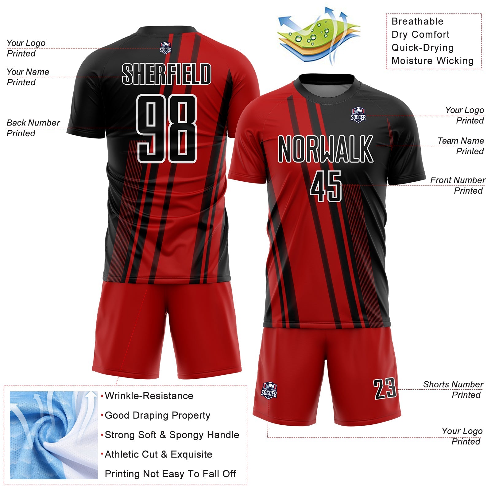 Custom Red Black-White Lines Sublimation Soccer Uniform Jersey view 4