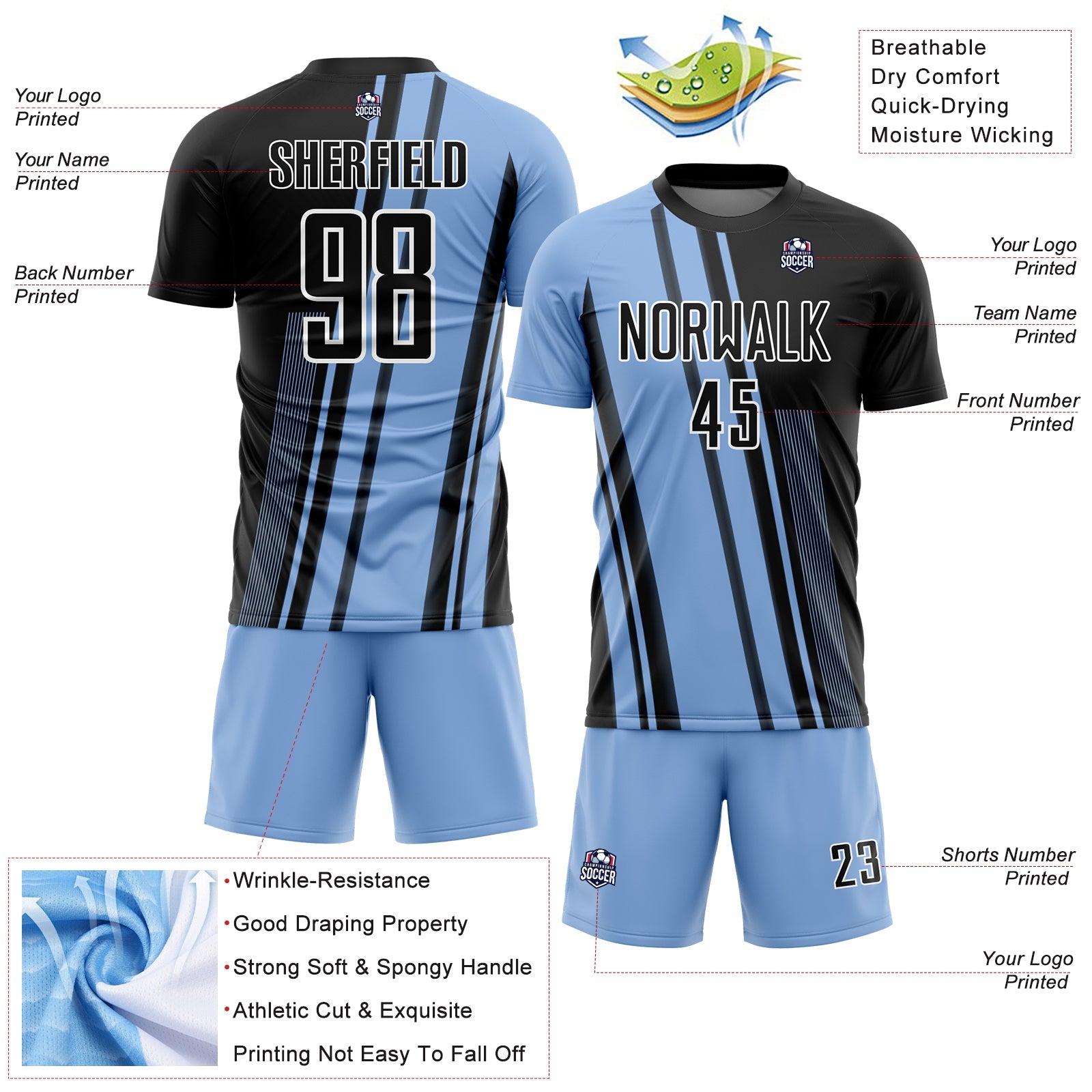 Custom Light Blue Black-White Lines Sublimation Soccer Uniform Jersey view 4