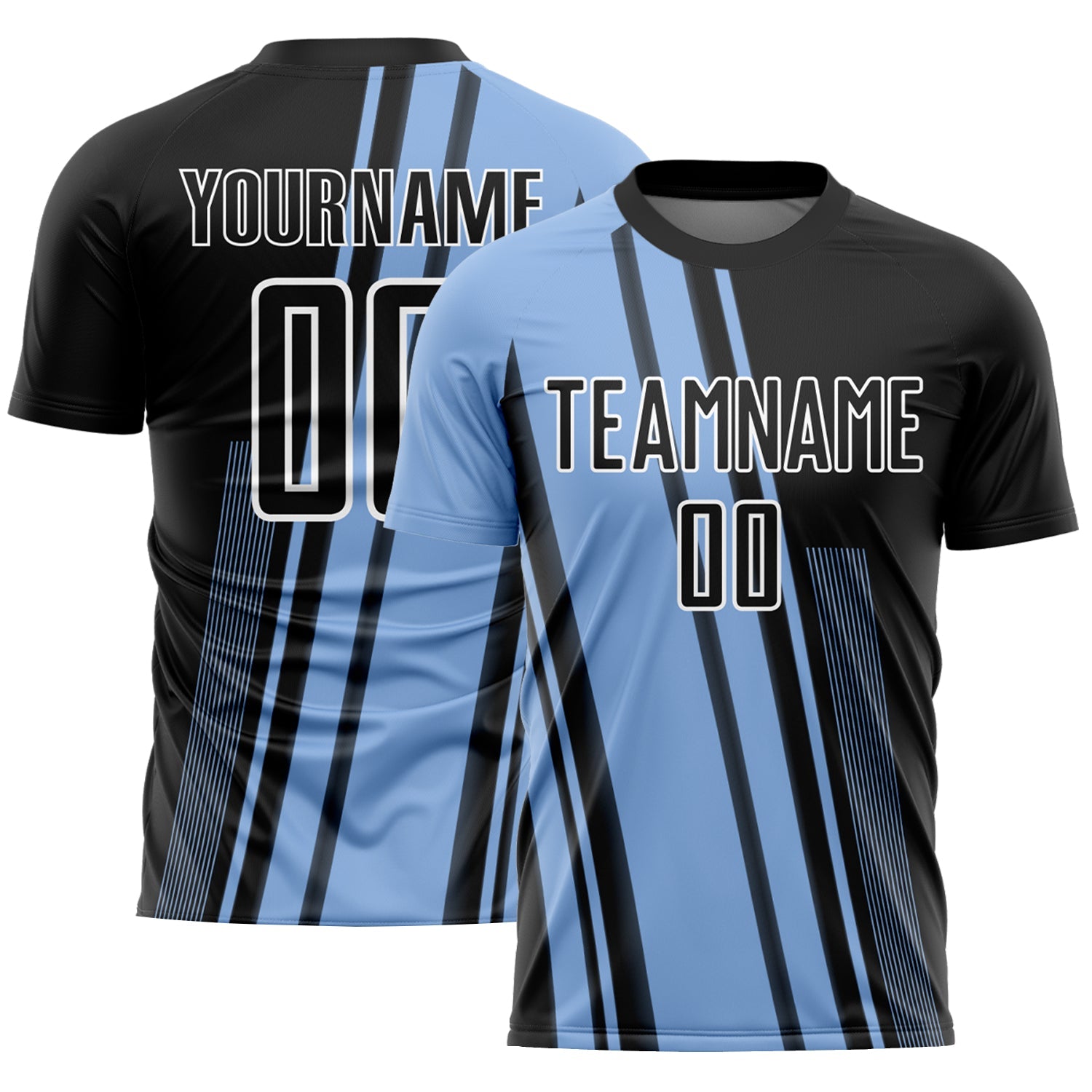Custom Light Blue Black-White Lines Sublimation Soccer Uniform Jersey - Main View
