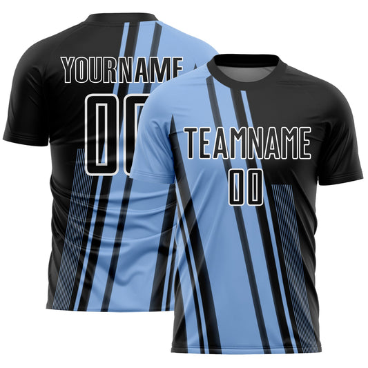 Custom Light Blue Black-White Lines Sublimation Soccer Uniform Jersey - Main View