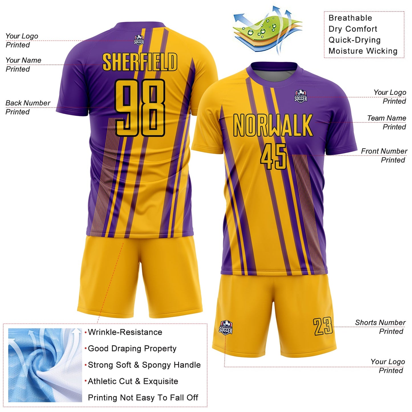 Custom Gold Purple-White Lines Sublimation Soccer Uniform Jersey view 4