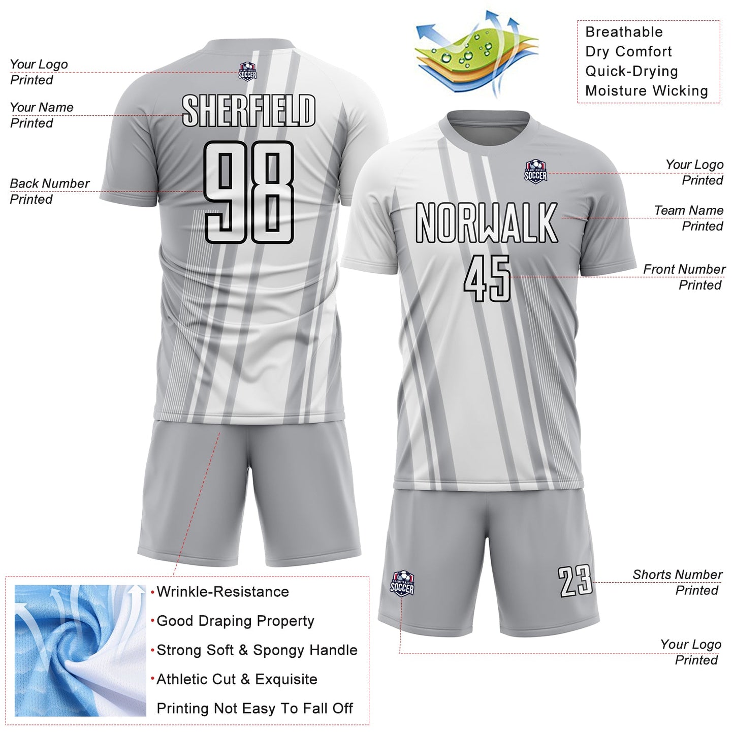 Custom Gray White-Black Lines Sublimation Soccer Uniform Jersey view 4