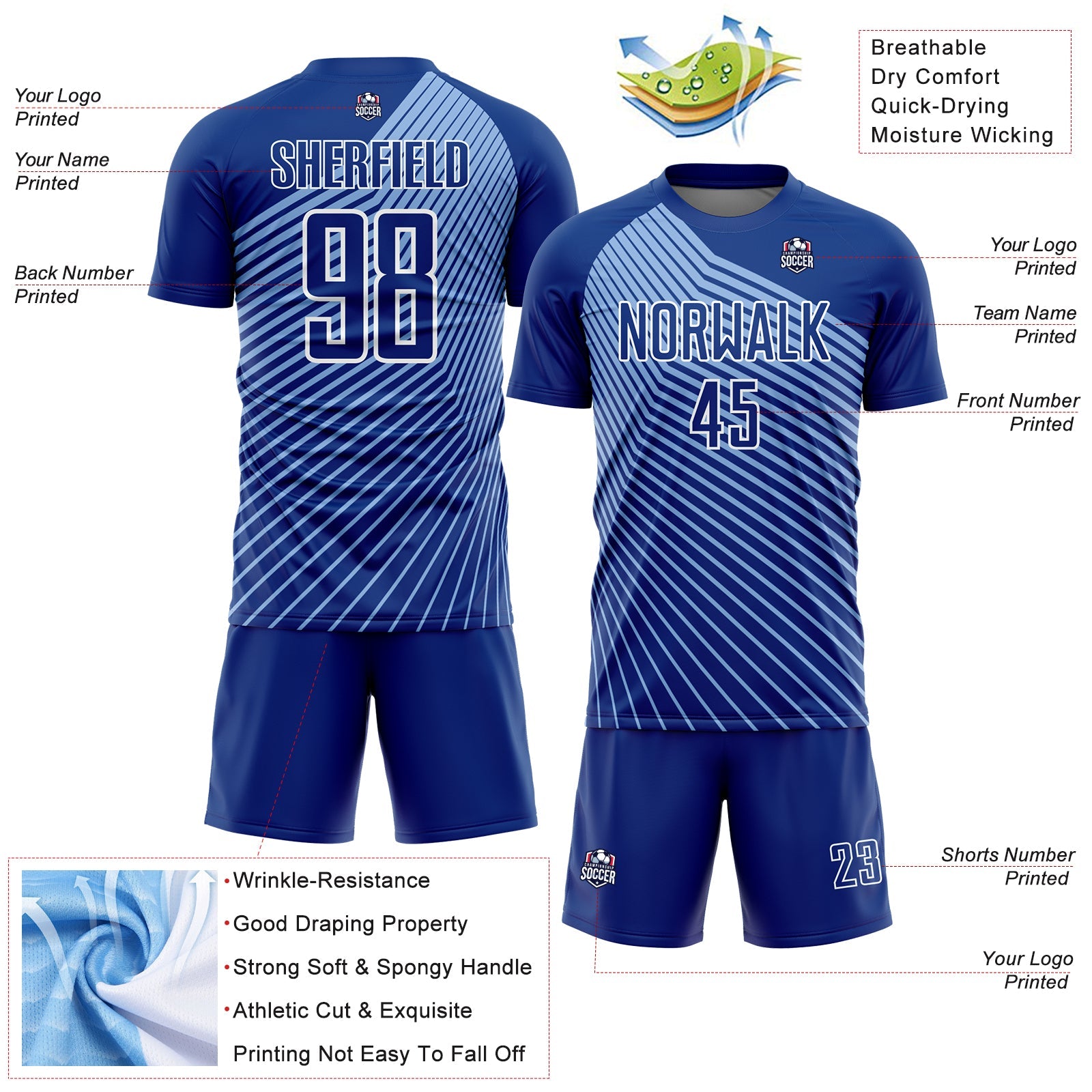 Custom Royal Light Blue-White Lines Sublimation Soccer Uniform Jersey view 4