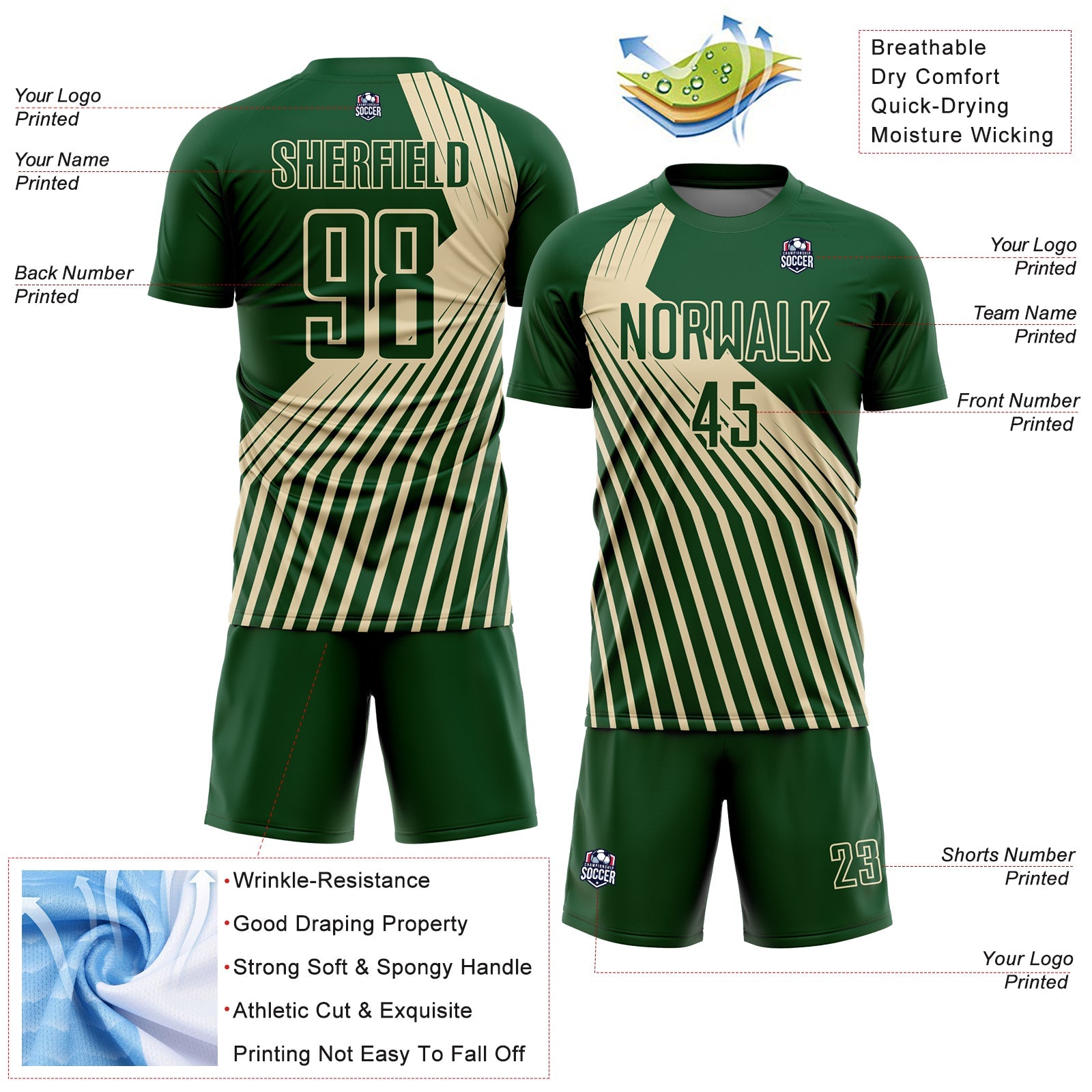 Custom Green Cream Lines Sublimation Soccer Uniform Jersey view 4