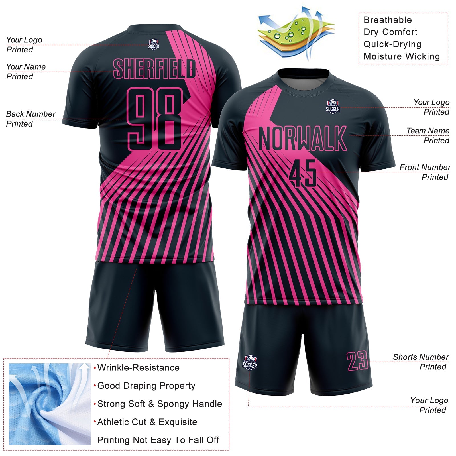 Custom Navy Pink Lines Sublimation Soccer Uniform Jersey view 4
