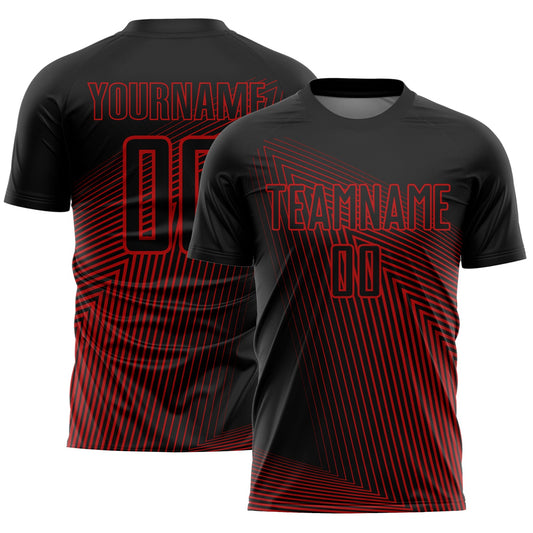 Custom Black Red Lines Sublimation Soccer Uniform Jersey - Main View