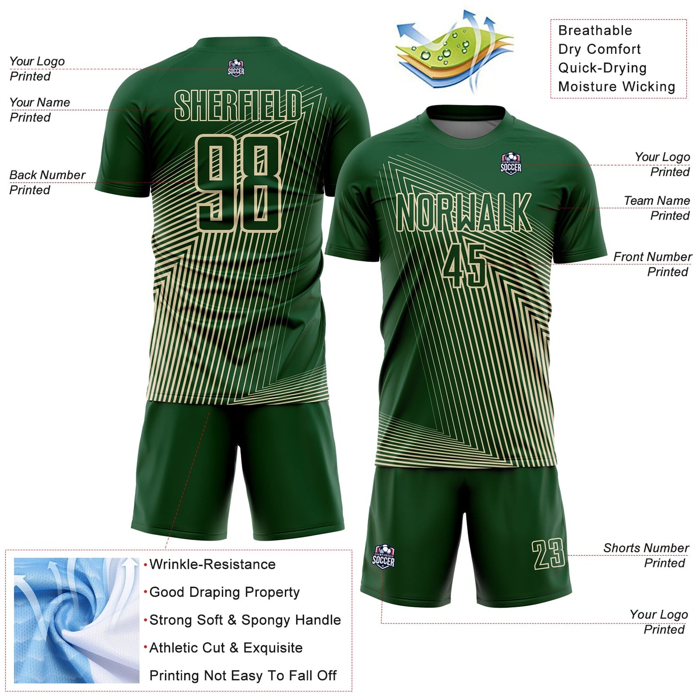 Custom Green Cream Lines Sublimation Soccer Uniform Jersey view 4