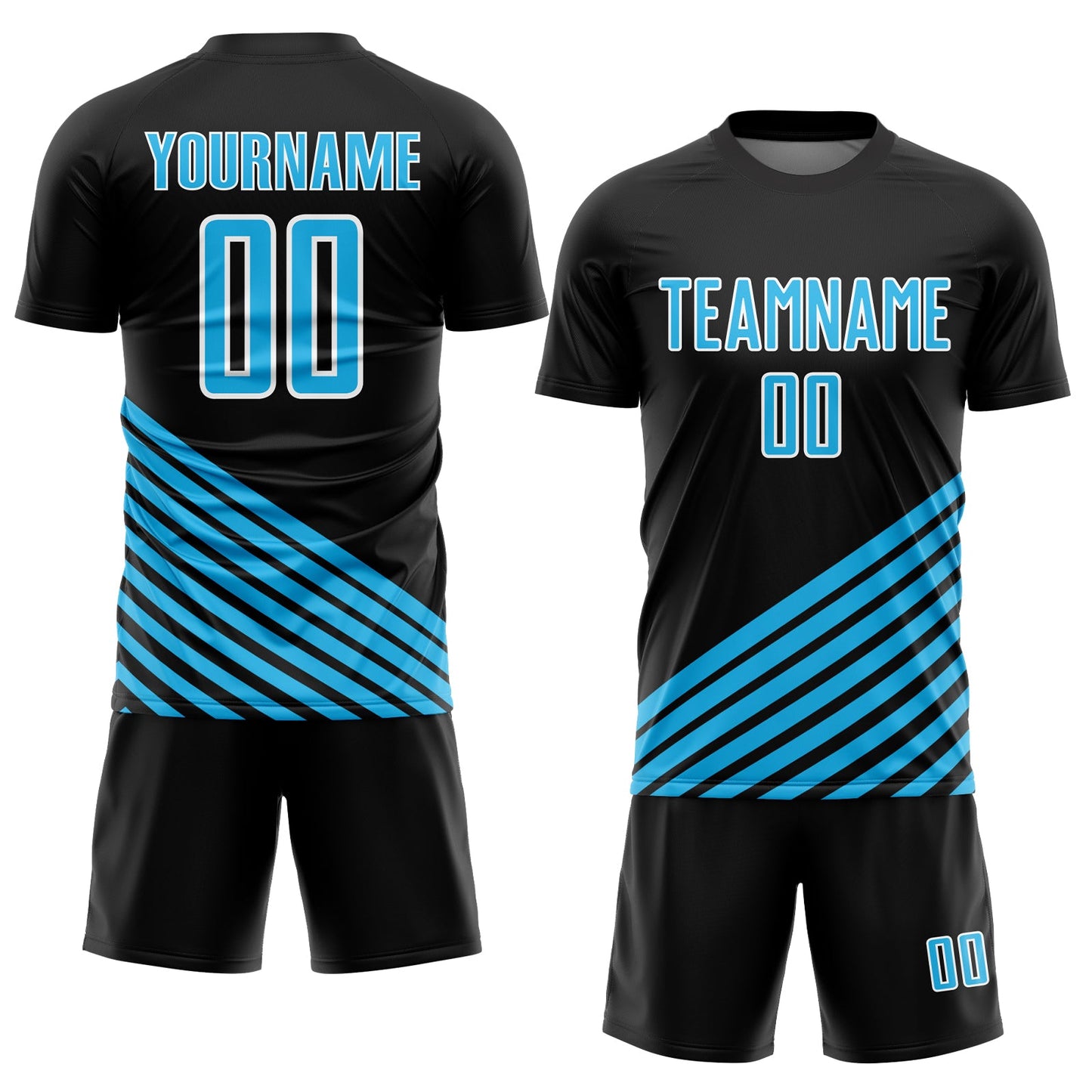 Custom Black Sky Blue-White Lines Sublimation Soccer Uniform Jersey view 2