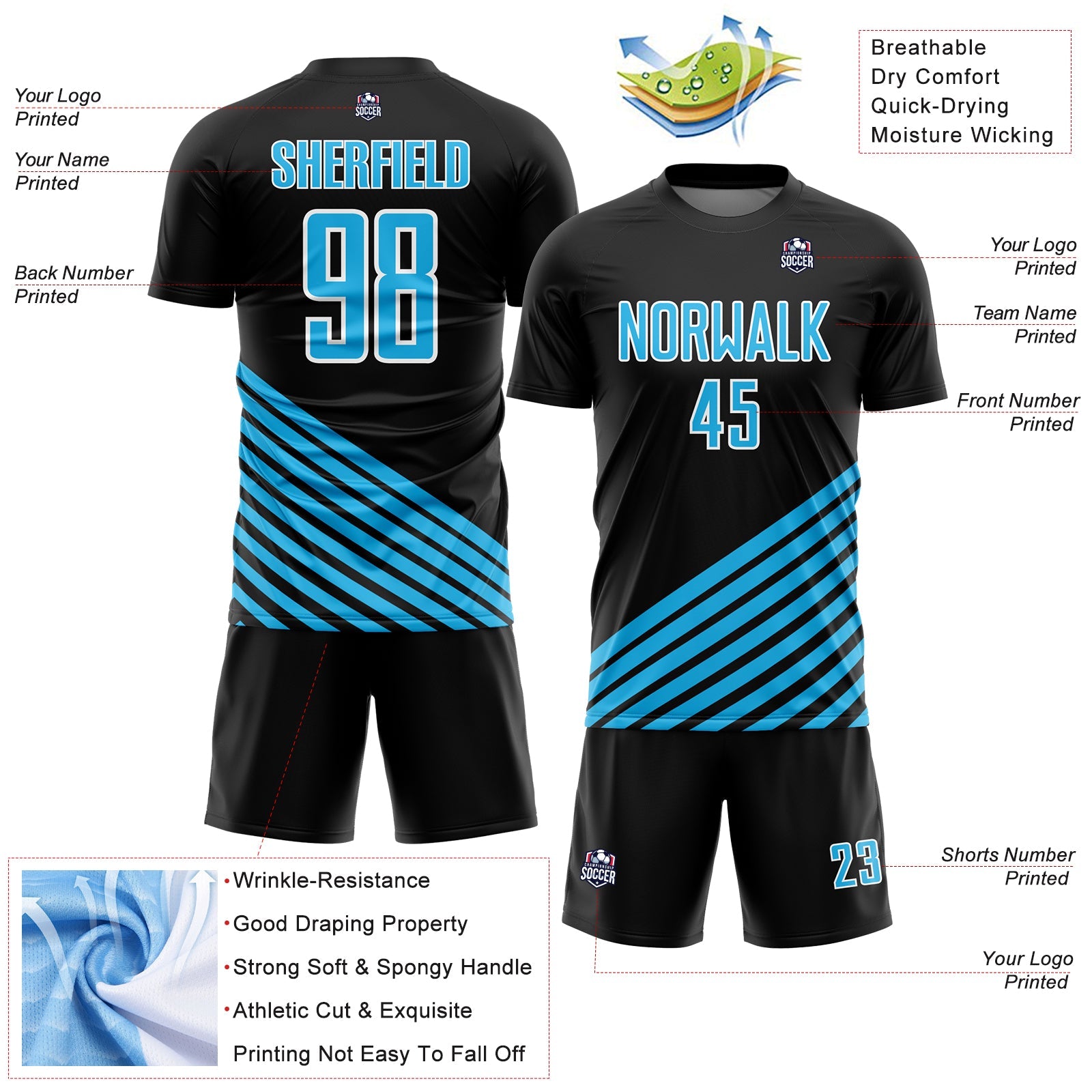 Custom Black Sky Blue-White Lines Sublimation Soccer Uniform Jersey view 4
