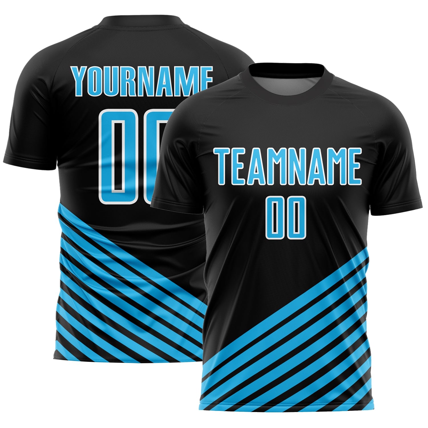 Custom Black Sky Blue-White Lines Sublimation Soccer Uniform Jersey - Main View