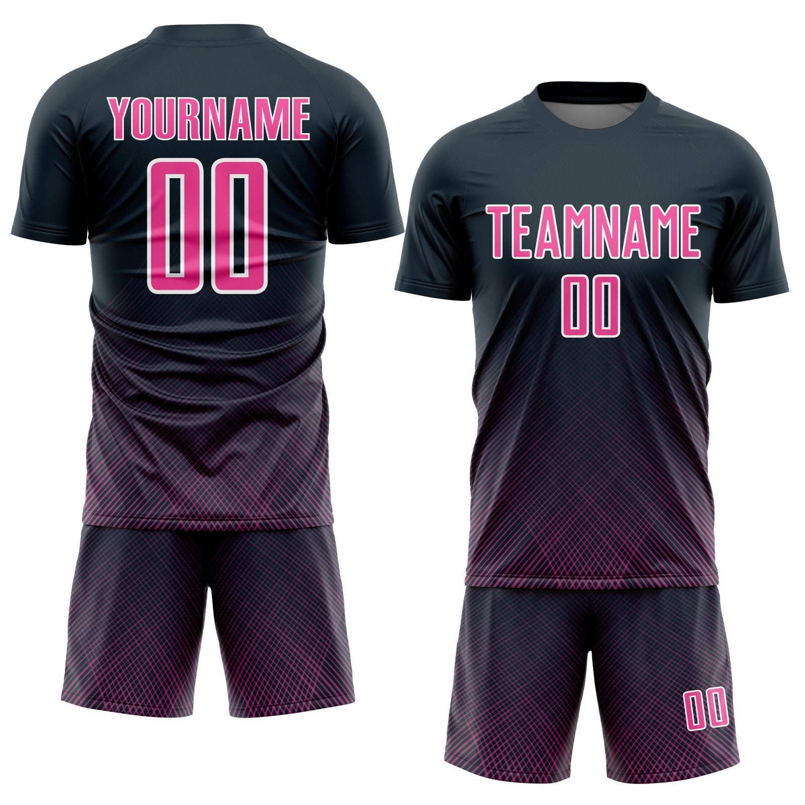 Custom Navy Pink-White Lines Sublimation Soccer Uniform Jersey view 2