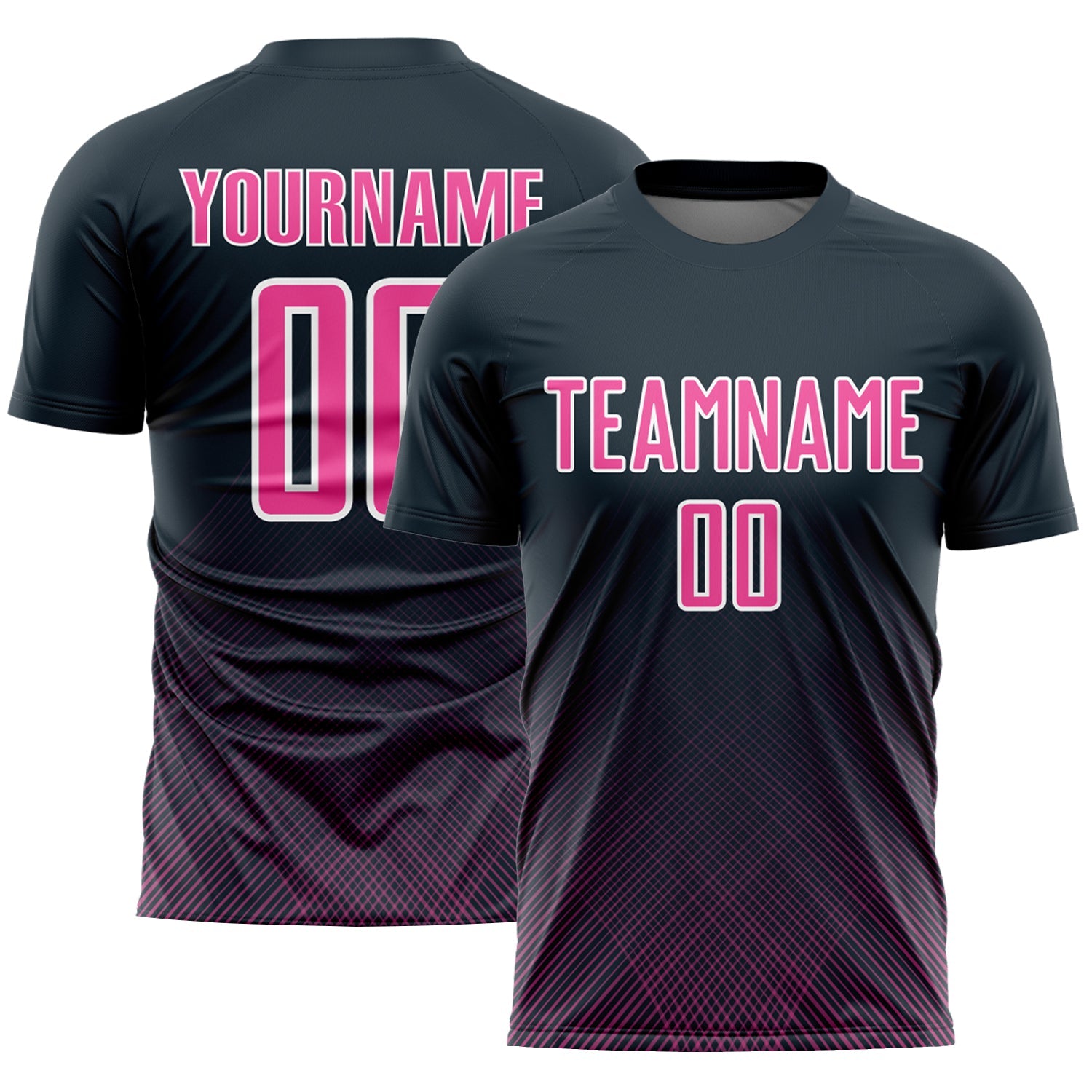 Custom Navy Pink-White Lines Sublimation Soccer Uniform Jersey - Main View