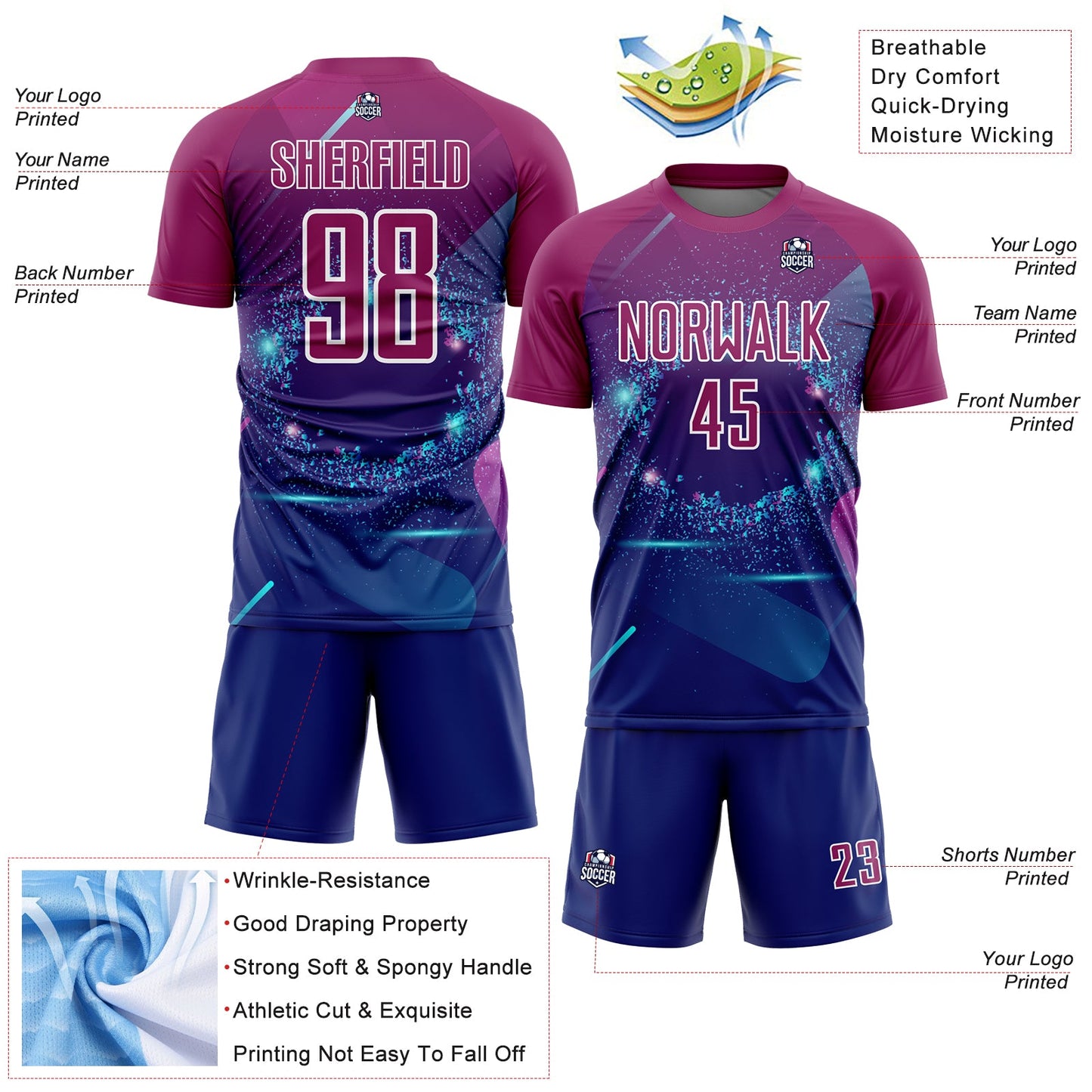 Custom Royal Purple-White Stars And Lines Sublimation Soccer Uniform Jersey view 4