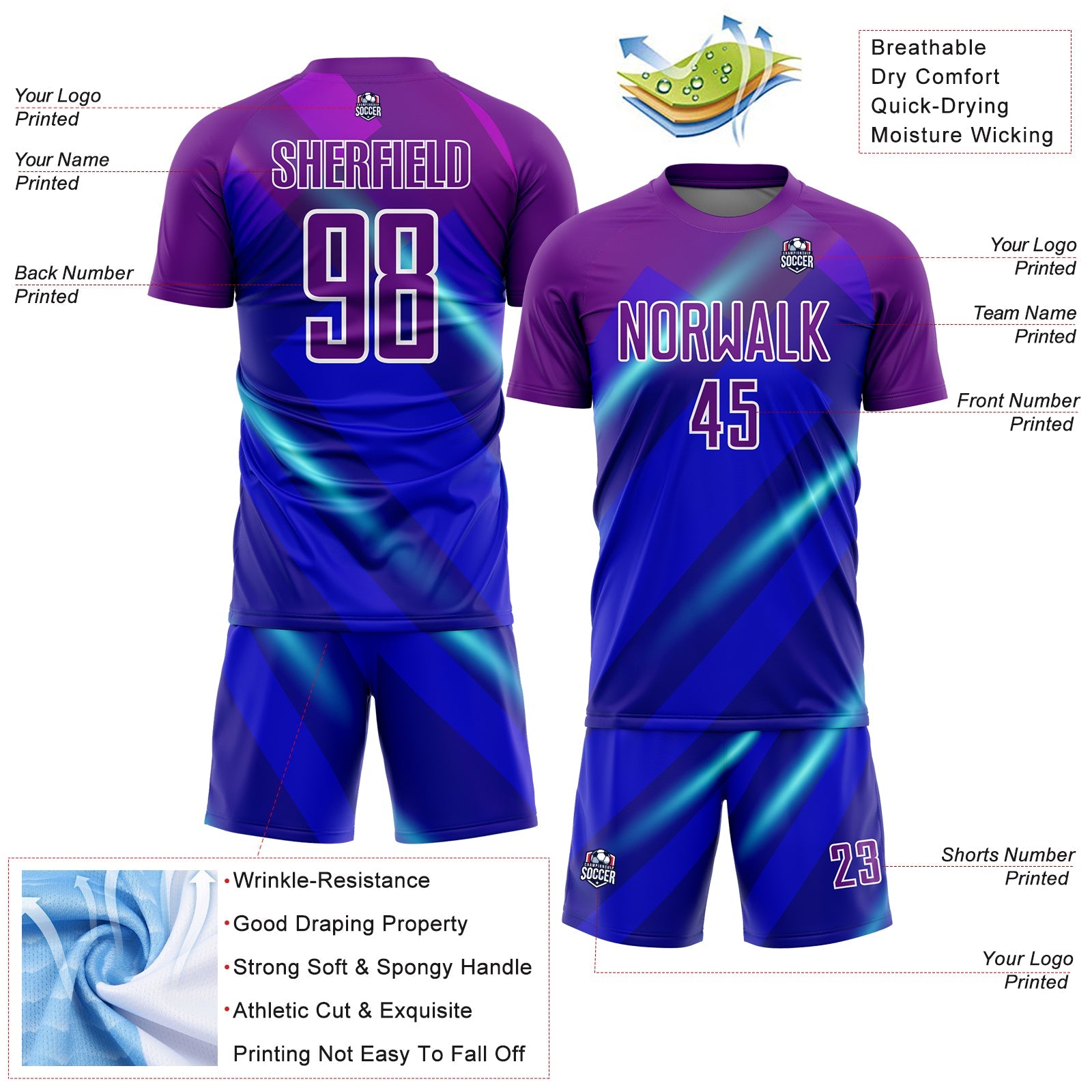Custom Royal Purple-White Lines Sublimation Soccer Uniform Jersey view 4