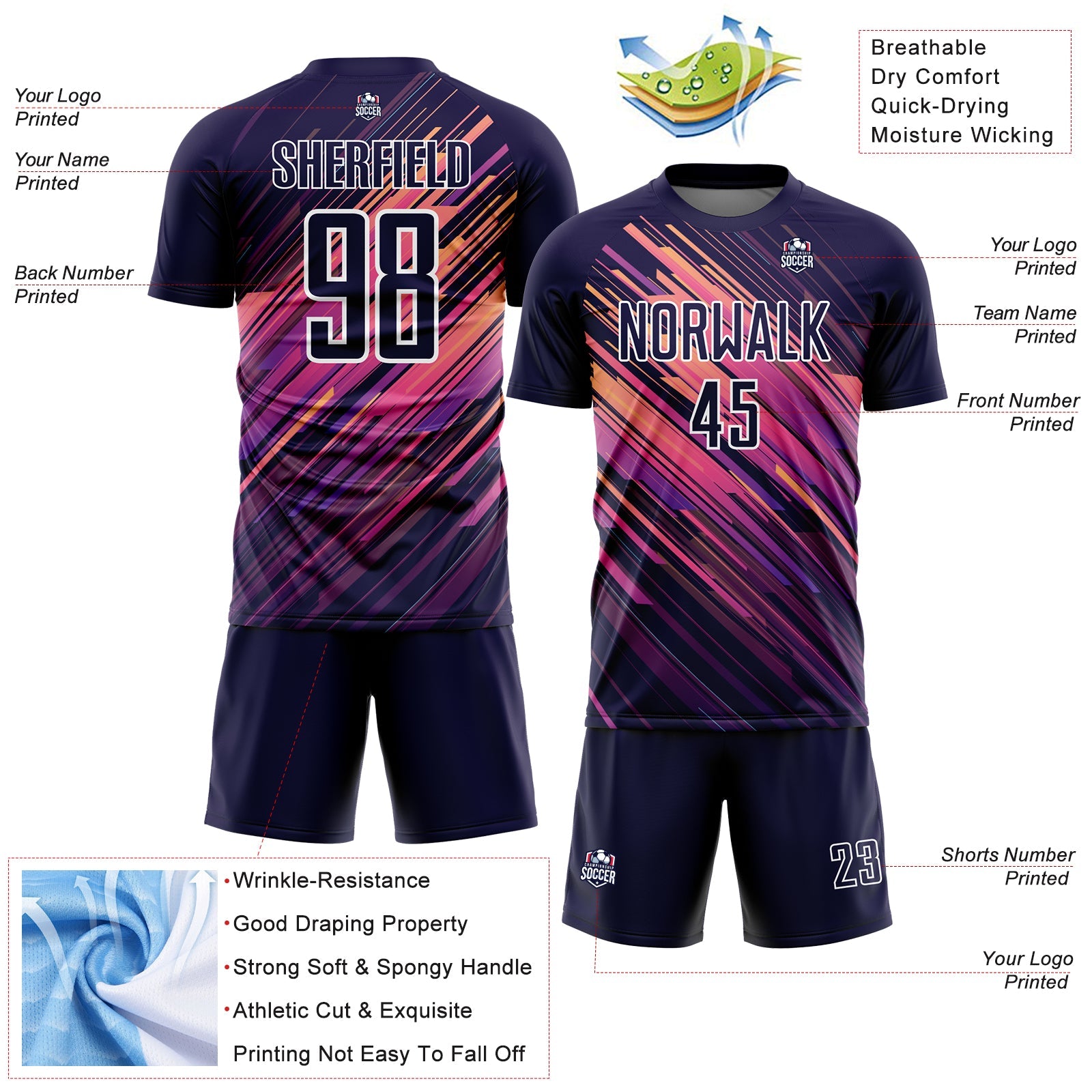 Custom Navy White Lines Sublimation Soccer Uniform Jersey view 4