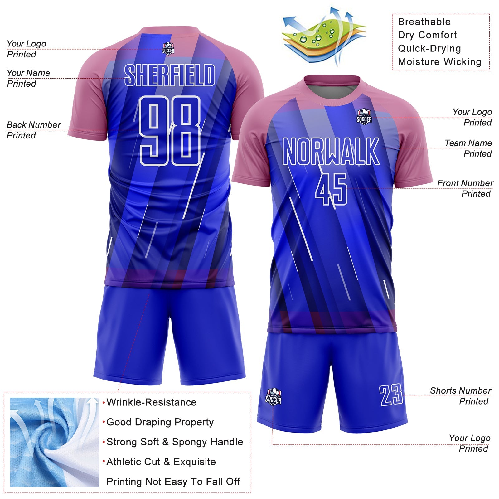 Custom Royal Medium Pink-White Lines Sublimation Soccer Uniform Jersey view 4