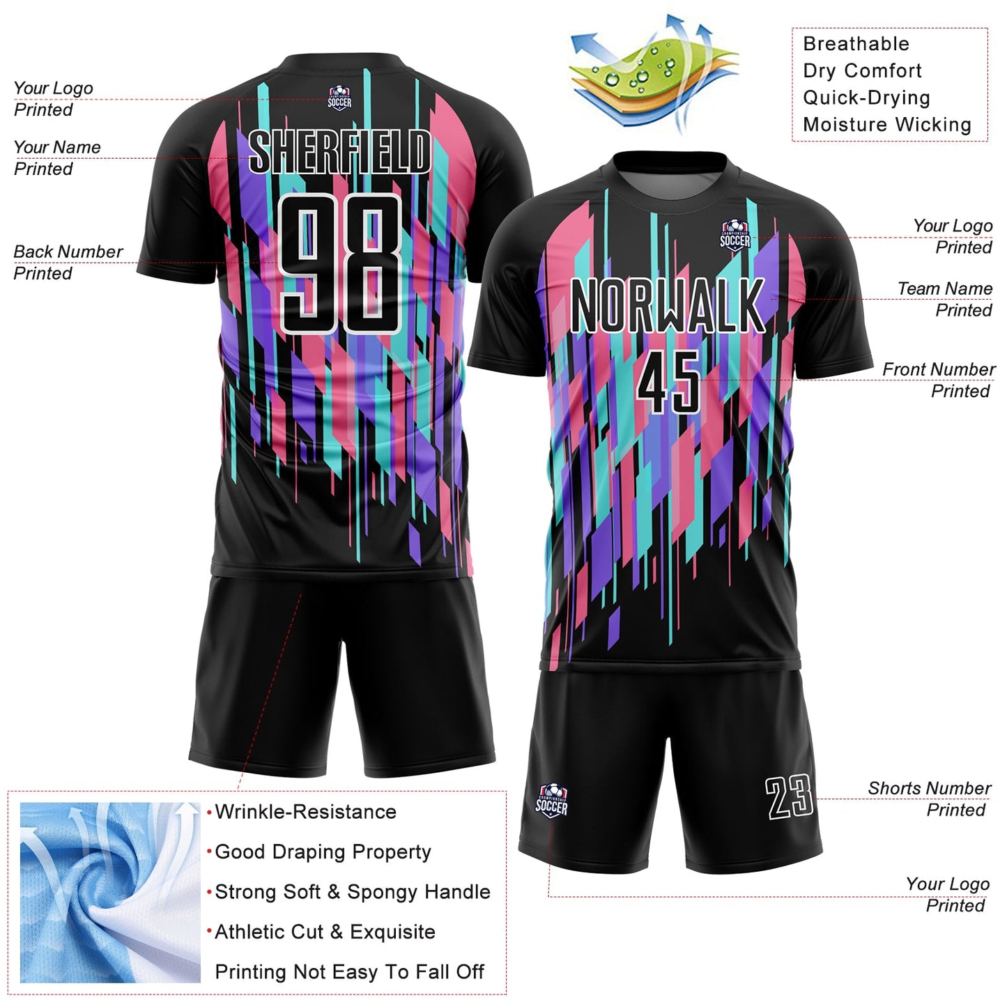 Custom Black White Geometric Shapes Sublimation Soccer Uniform Jersey view 4