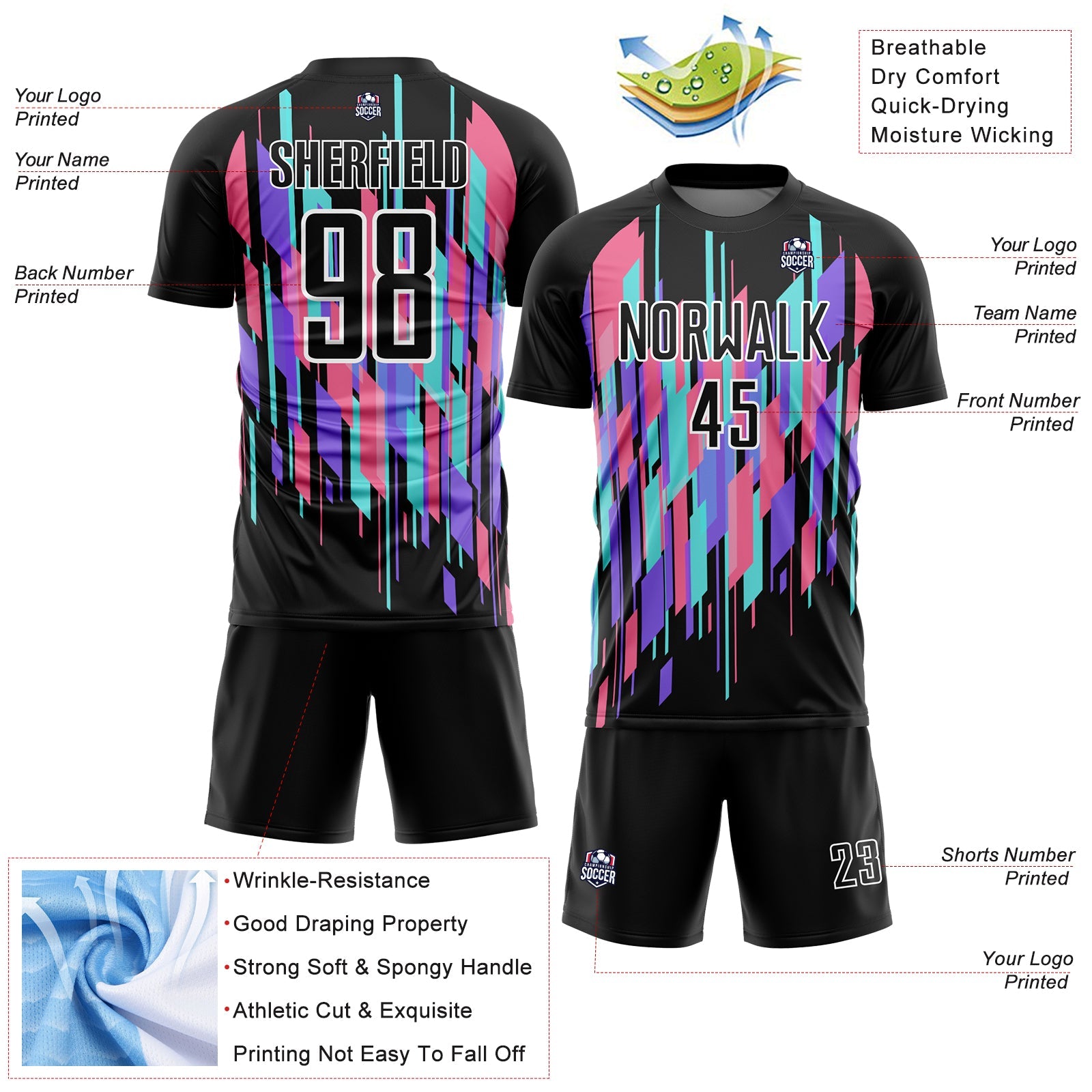 Custom Black White Geometric Shapes Sublimation Soccer Uniform Jersey view 4
