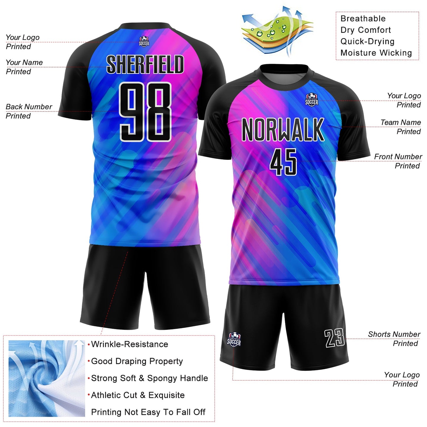 Custom Royal Black-Pink Lines Sublimation Soccer Uniform Jersey view 4