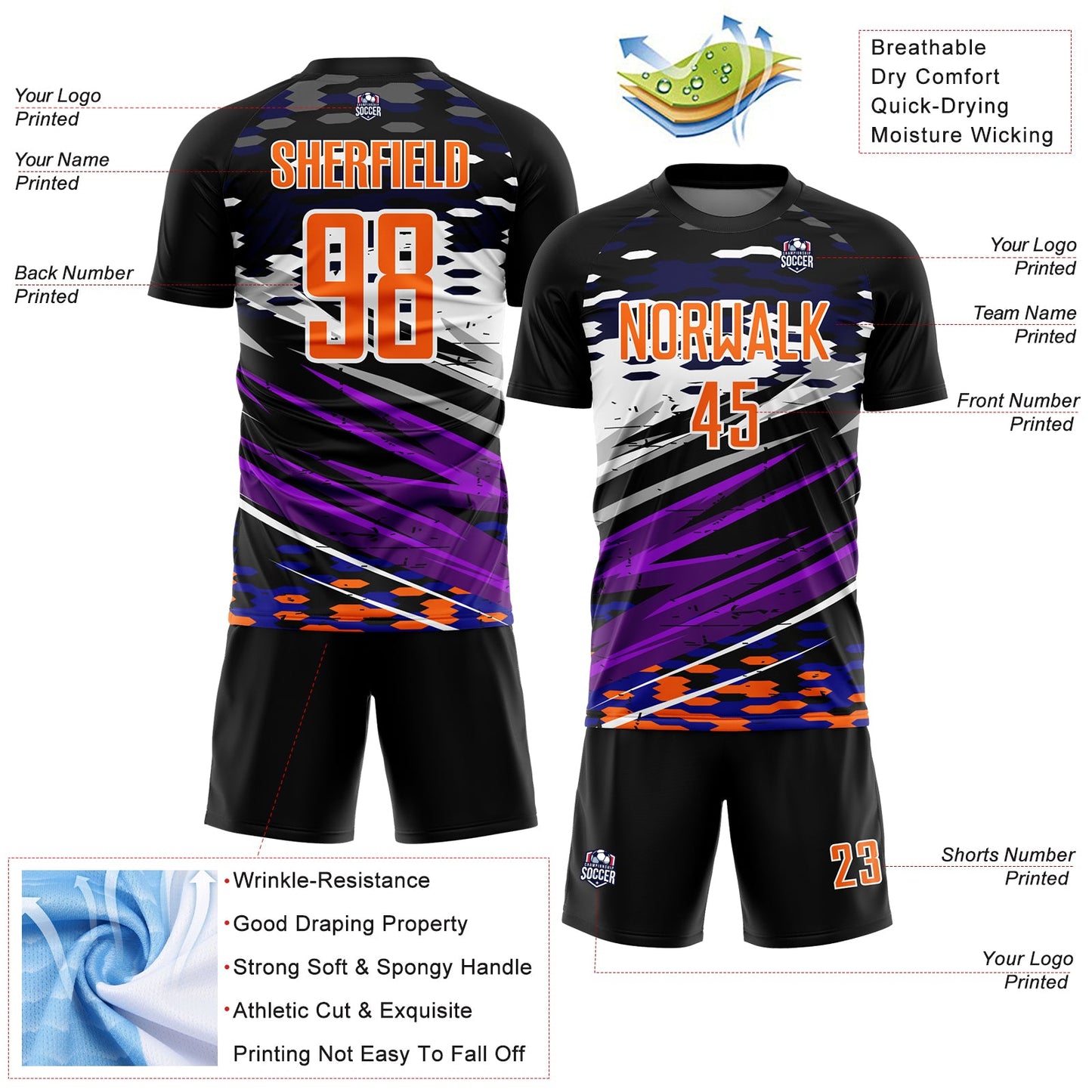 Custom Black Bay Orange-White Lines Sublimation Soccer Uniform Jersey view 4