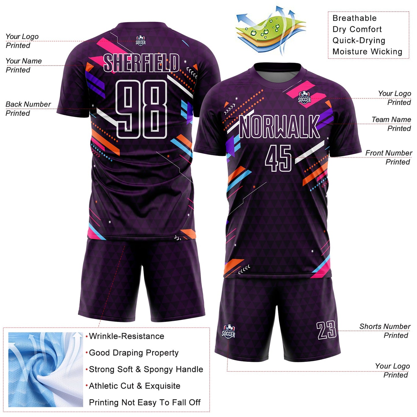 Custom Purple White Lines Sublimation Soccer Uniform Jersey view 4