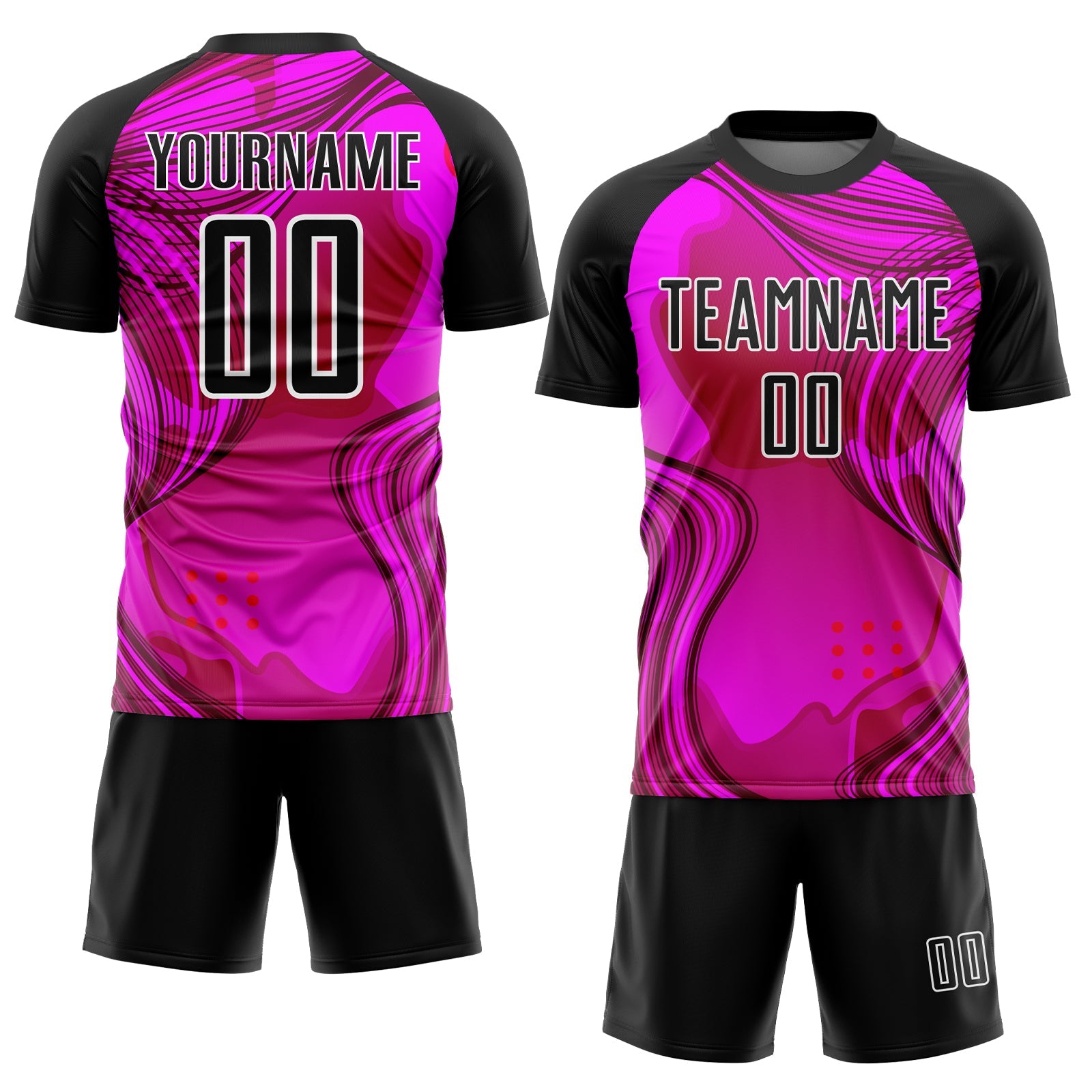 Custom Hot Pink Black-White Waves Sublimation Soccer Uniform Jersey view 2