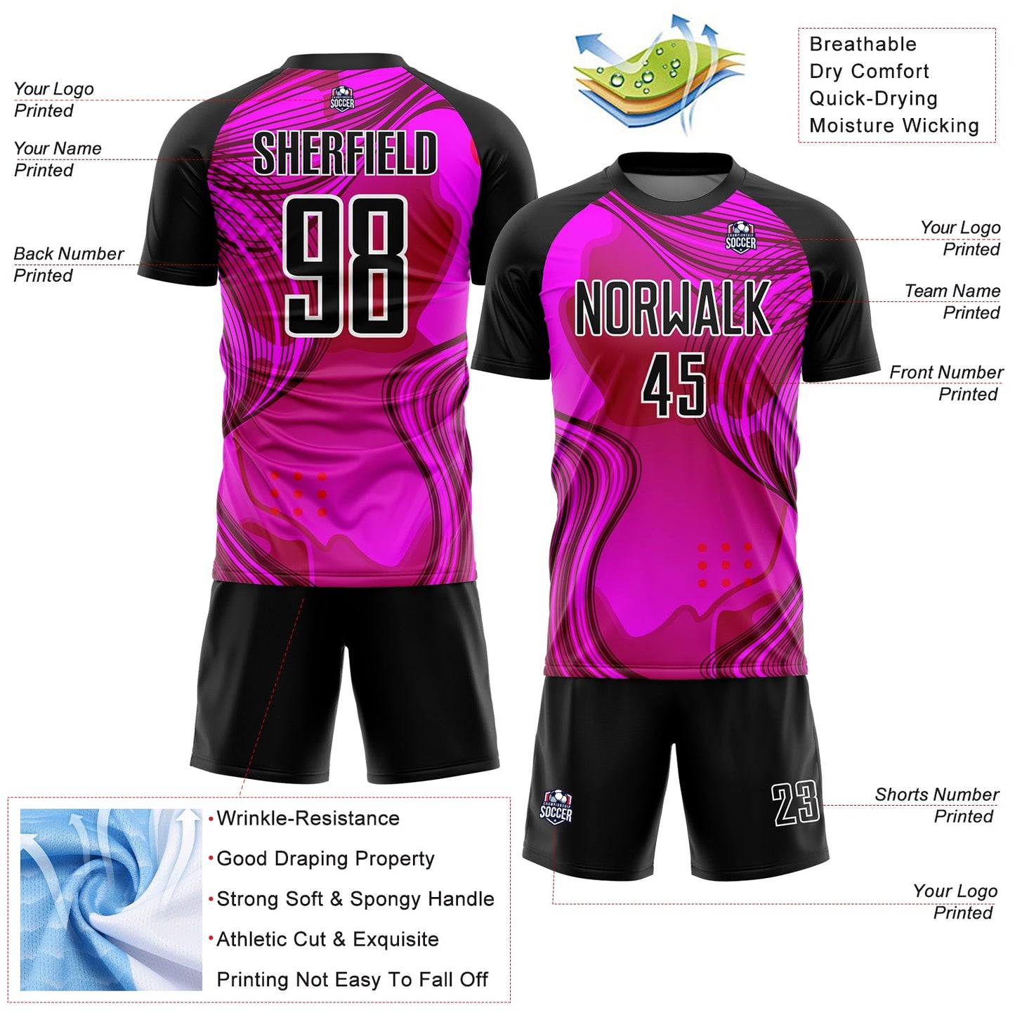 Custom Hot Pink Black-White Waves Sublimation Soccer Uniform Jersey view 4
