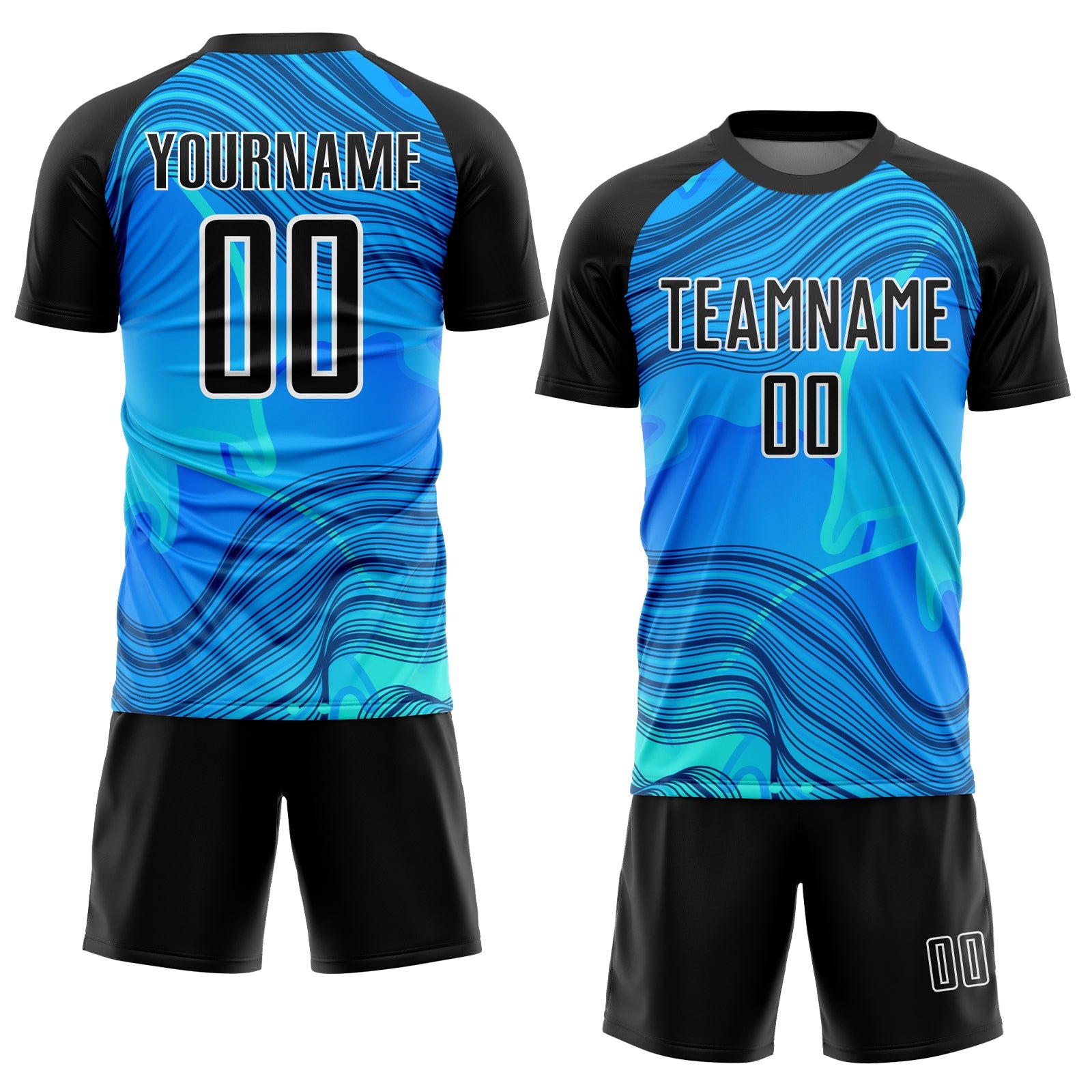 Custom Sky Blue Black-White Waves Sublimation Soccer Uniform Jersey view 2