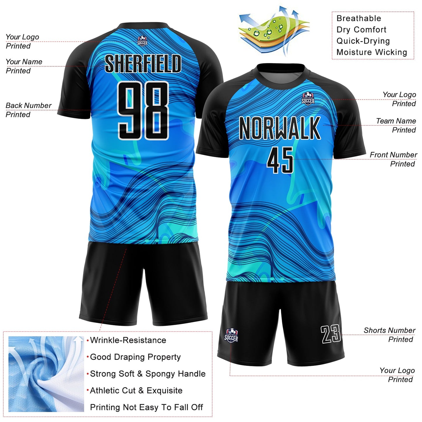 Custom Sky Blue Black-White Waves Sublimation Soccer Uniform Jersey view 4