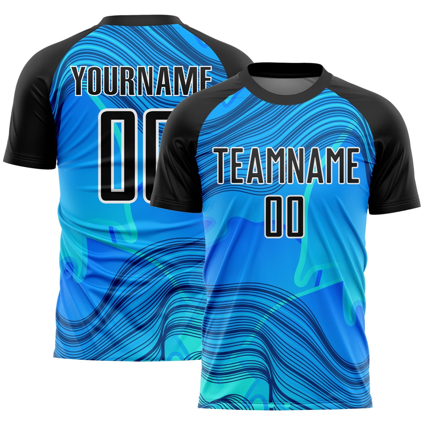 Custom Sky Blue Black-White Waves Sublimation Soccer Uniform Jersey - Main View