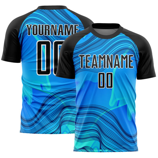 Custom Sky Blue Black-White Waves Sublimation Soccer Uniform Jersey - Main View