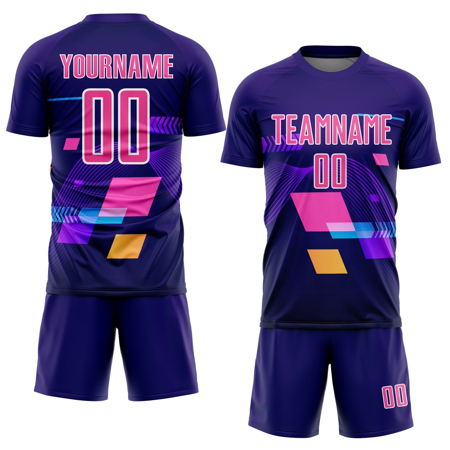 Custom Dark Purple Pink-White Geometric Shapes Sublimation Soccer Uniform Jersey view 2