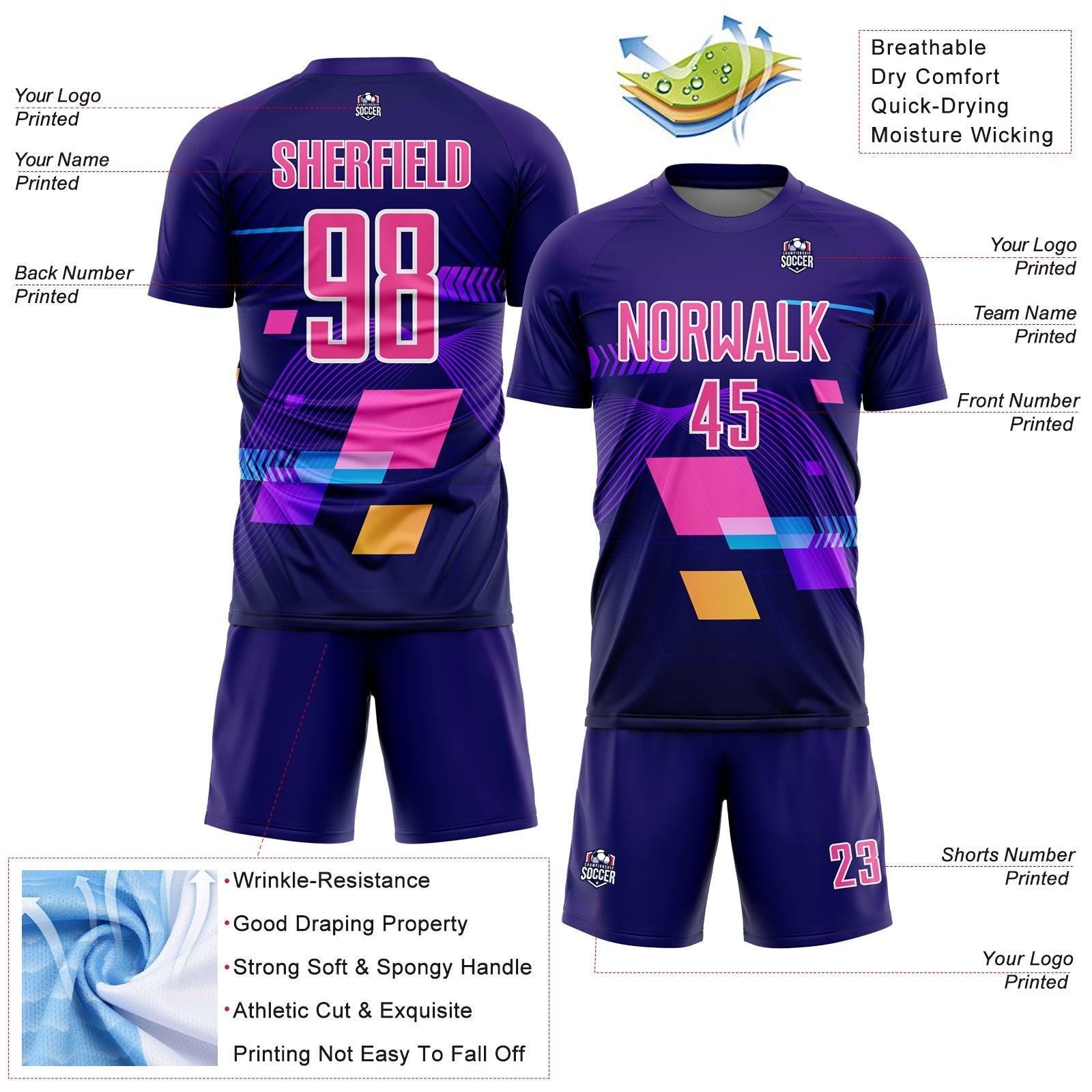 Custom Dark Purple Pink-White Geometric Shapes Sublimation Soccer Uniform Jersey view 4