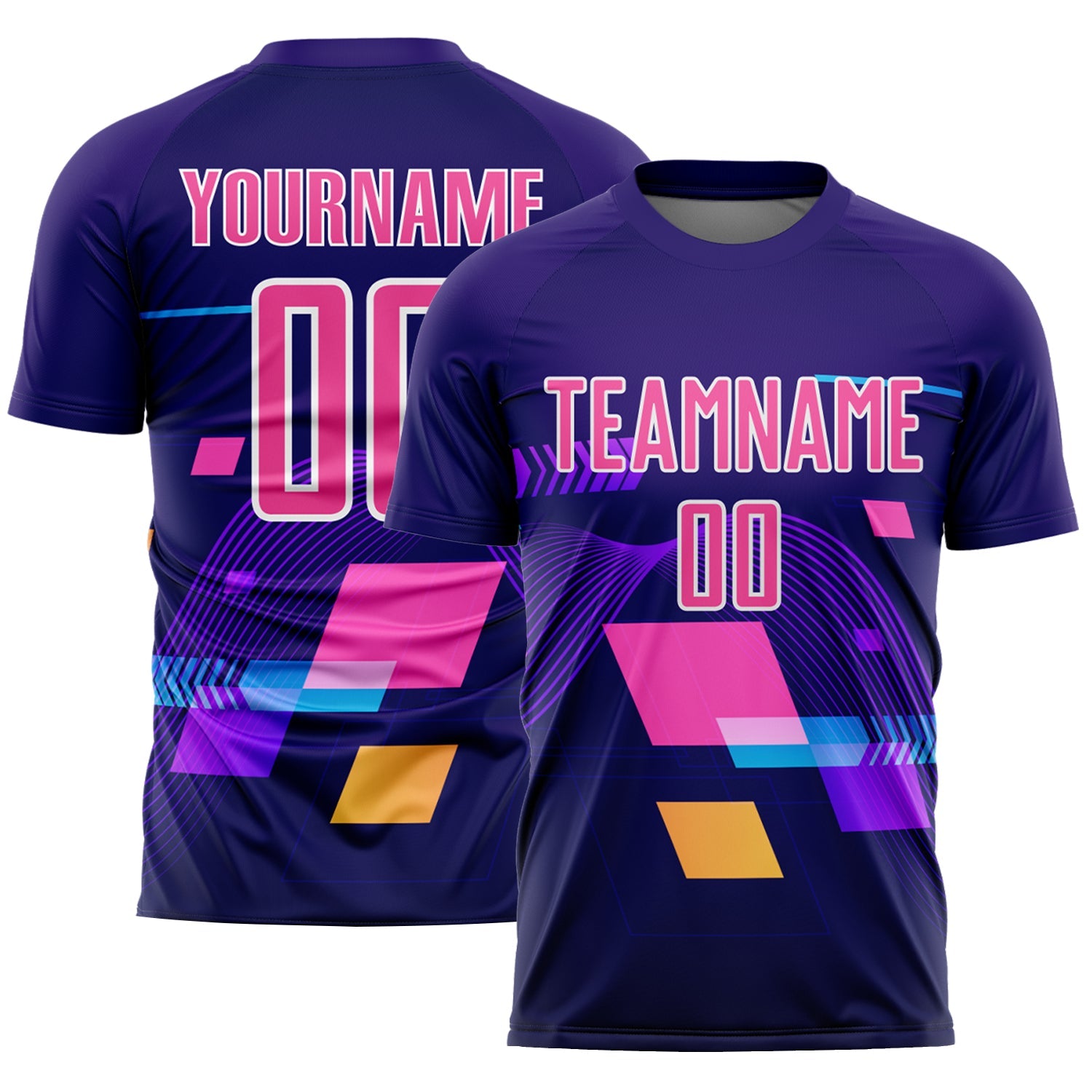 Custom Dark Purple Pink-White Geometric Shapes Sublimation Soccer Uniform Jersey - Main View