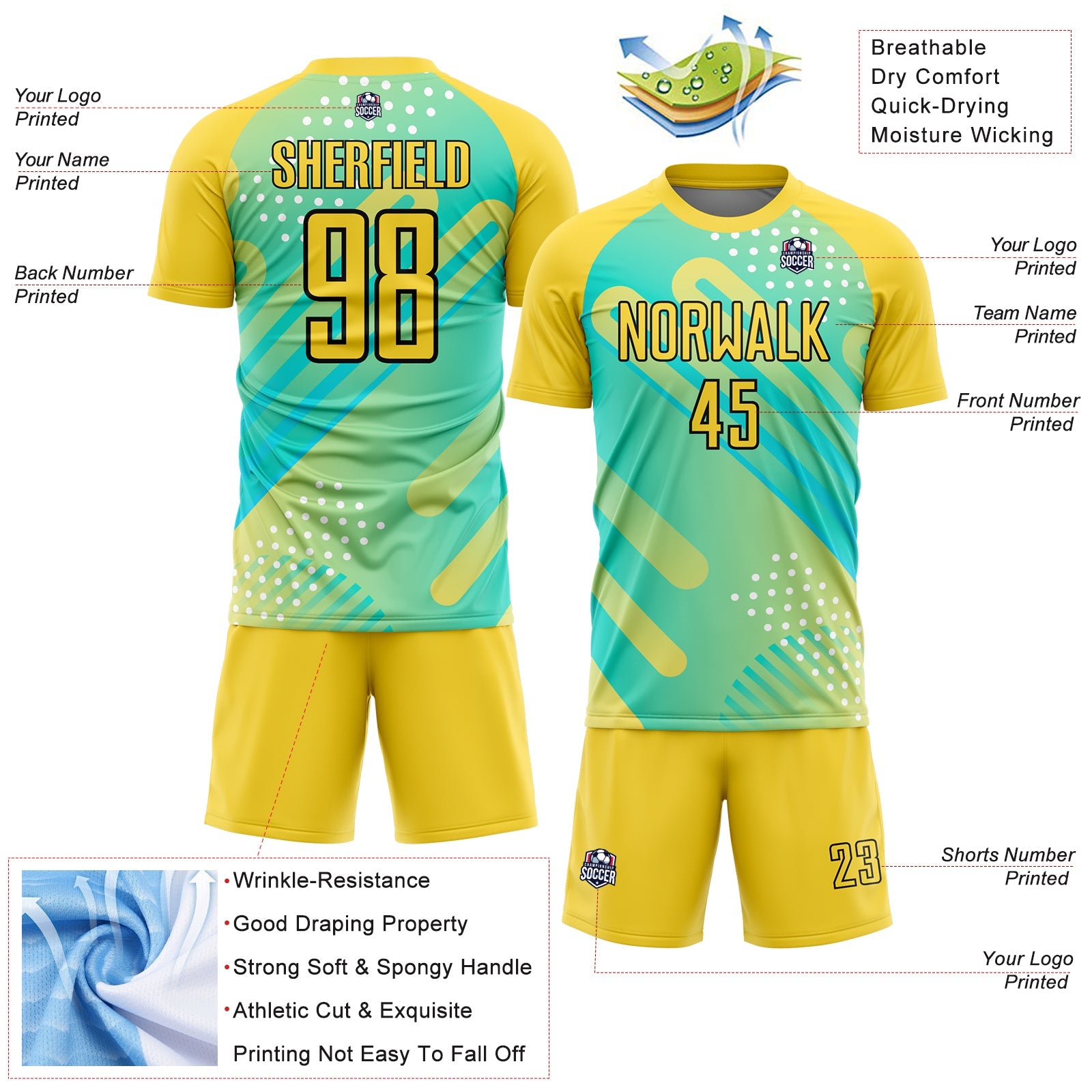 Custom Pea Green Yellow-Black Abstract Shapes Sublimation Soccer Uniform Jersey view 4