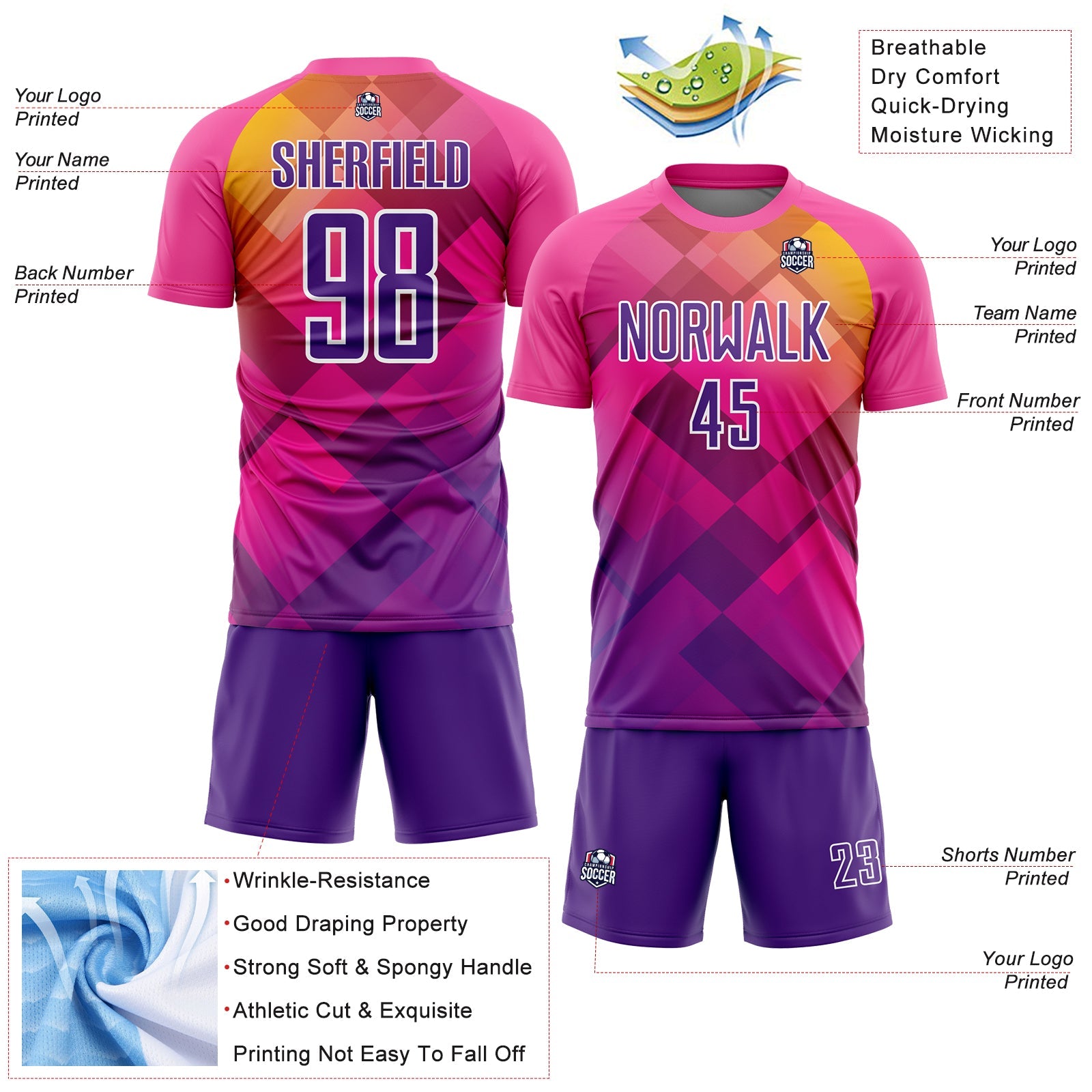 Custom Pink Purple-White Geometric Shapes Sublimation Soccer Uniform Jersey view 4